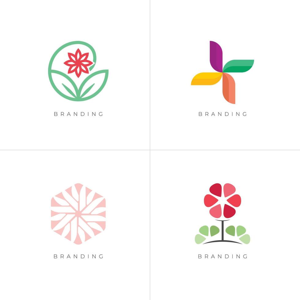 pacote 4 em 1 - conjunto de logotipo de vetor de natureza e bem-estar de flores florais