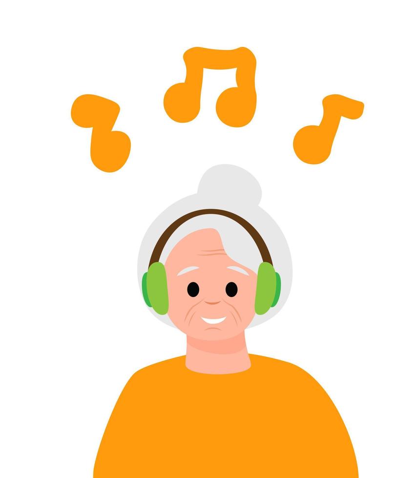 personagem de velha madura com fones de ouvido, ouvindo o conceito de vetor de música. ilustração plana colorida isolada no fundo branco.