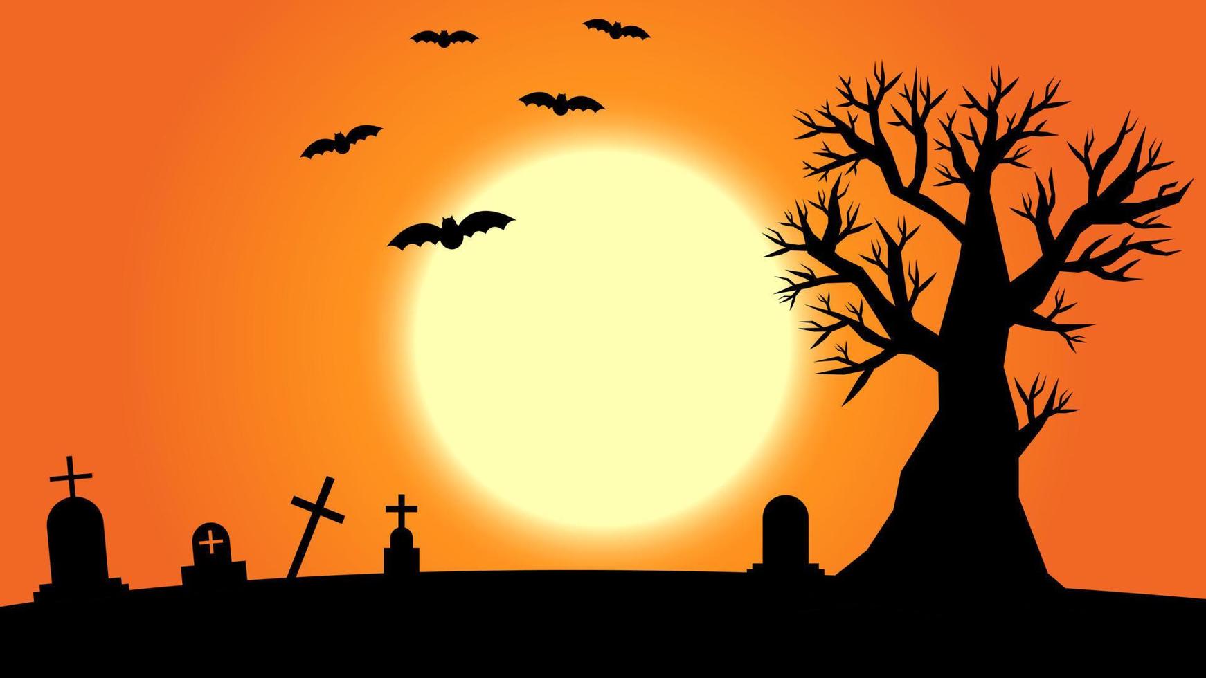 fundo de halloween com lápide e árvore, morcegos, lua. bandeira de cartão de dia das bruxas. vetor