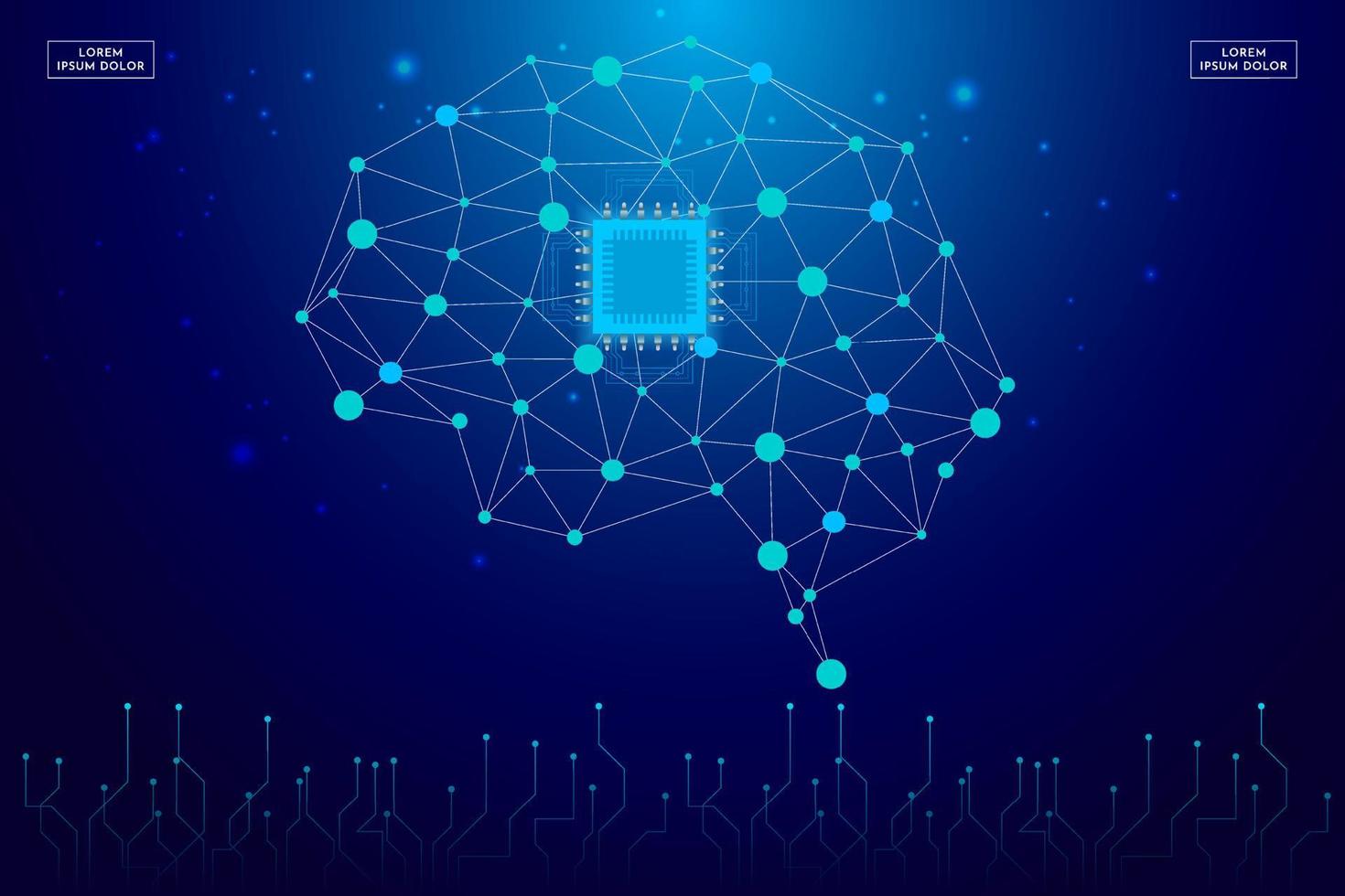 fundo futurista de inteligência artificial. fundo de dia de ciência de tecnologia com chipset, mão e vetor de elementos geométricos.