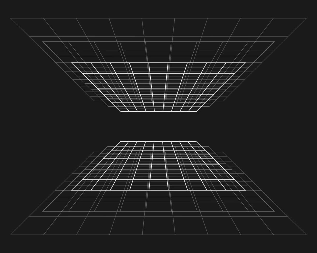 grade cibernética, túnel retangular de perspectiva retro punk. geometria do túnel de grade em fundo preto. ilustração vetorial. vetor