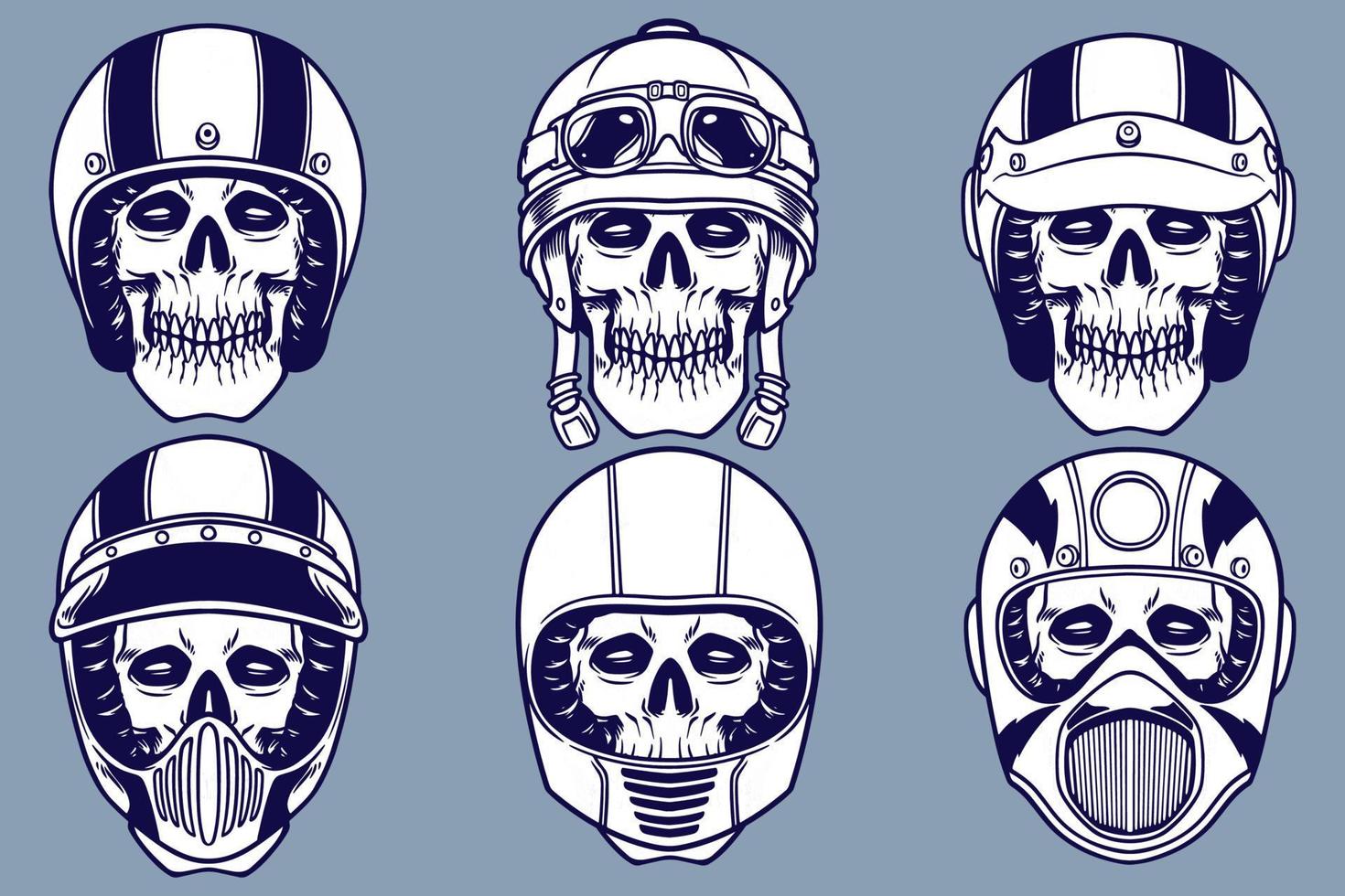 vários crânios usando ilustração vetorial de capacete definir estilo monocromático vetor
