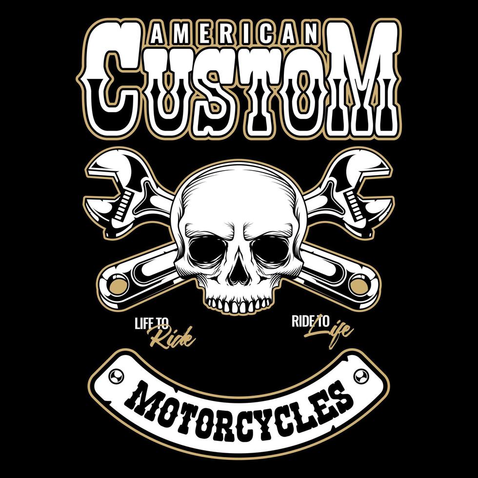 logotipo de motocicleta vintage com caveira e chave cruzada vetor