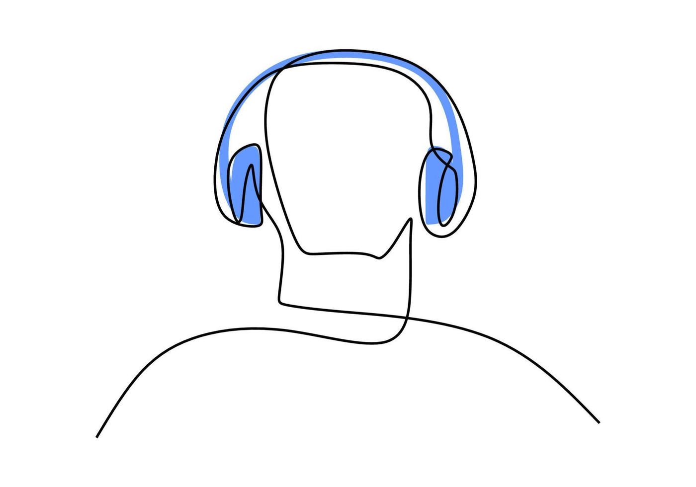 um desenho de mão de linha única contínua do homem usa fone de ouvido vetor