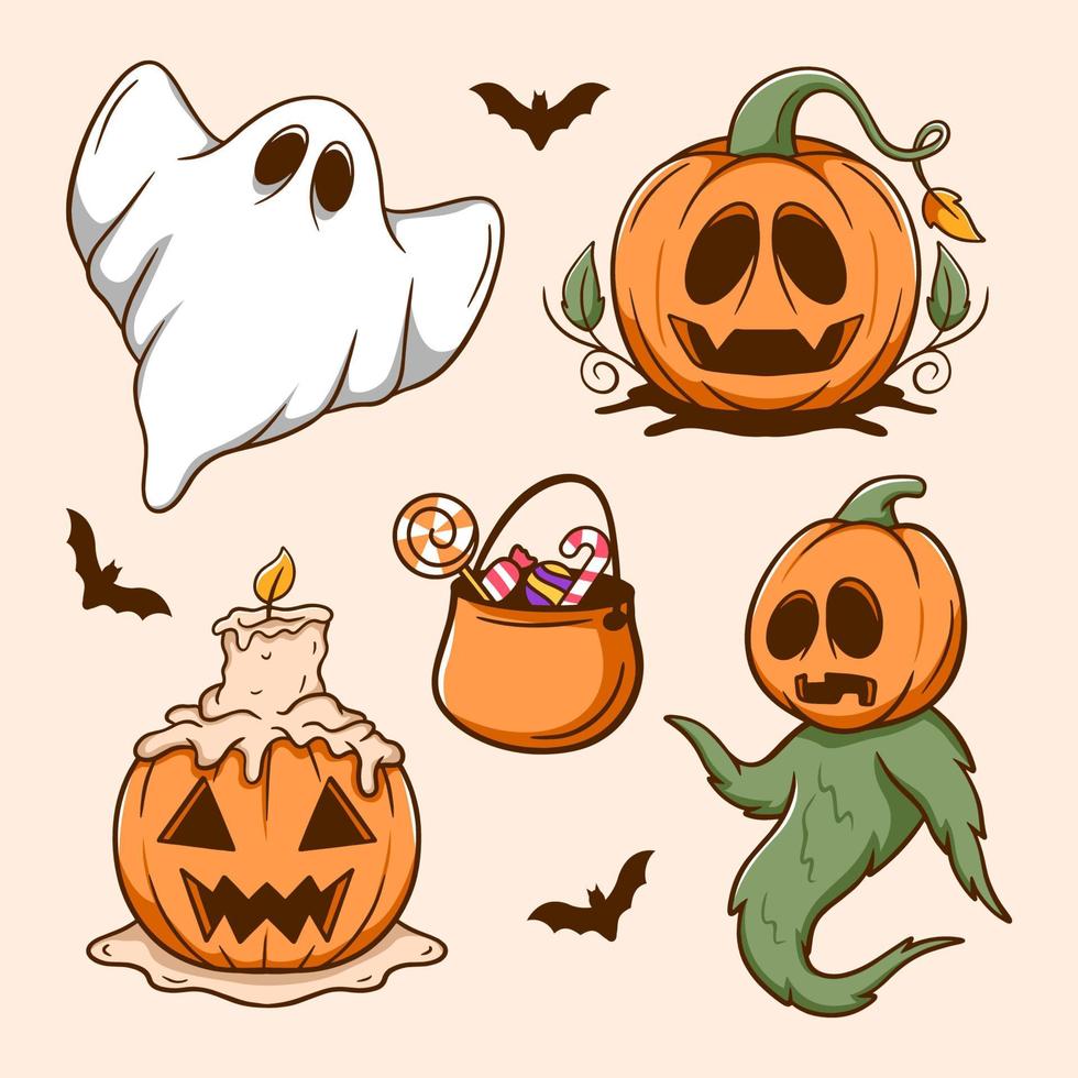 conjunto de ilustração vetorial de elementos de halloween bonitos desenhados à mão vetor