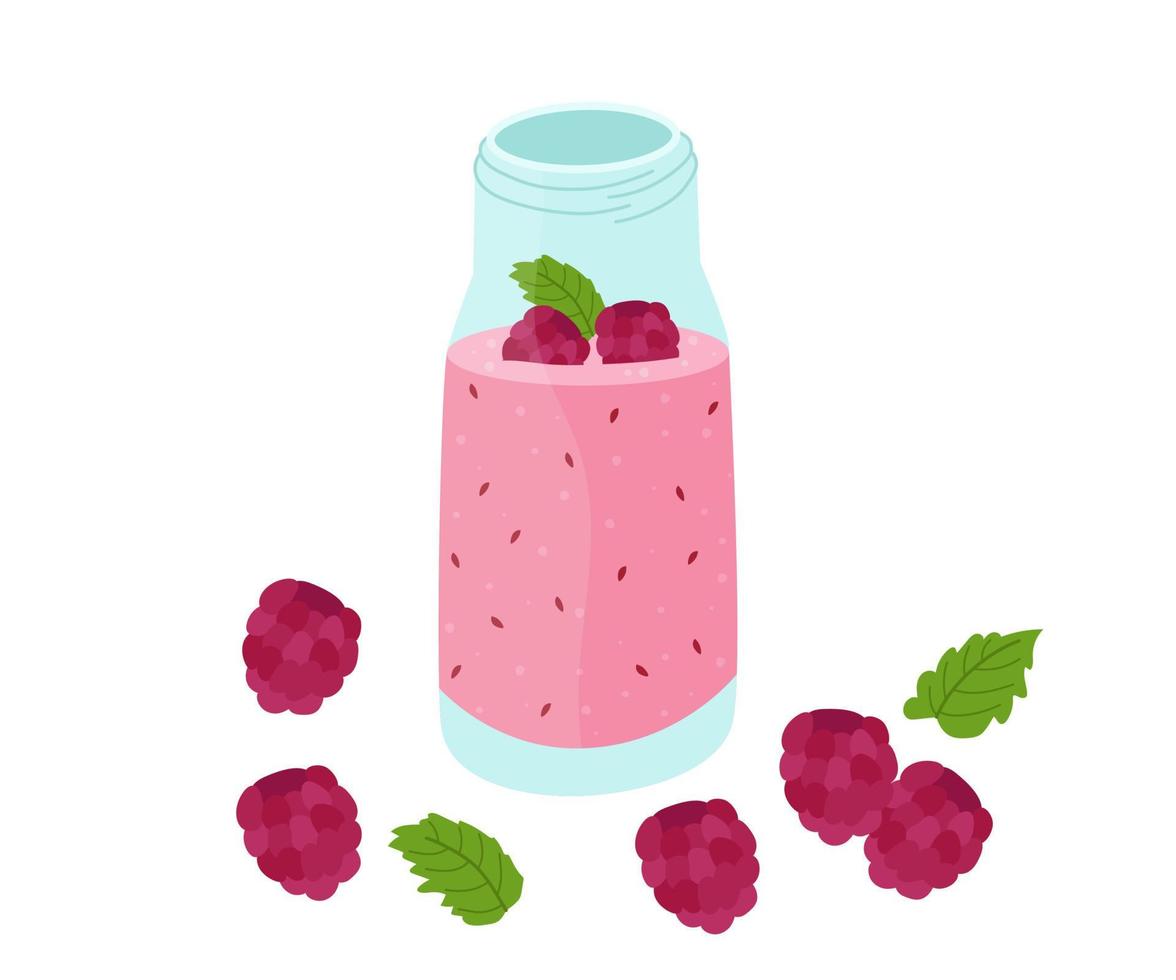 batidos com framboesas. conjunto de ingredientes de verão colorido brilhante. ilustração em vetor de bebidas refrescantes saudáveis.