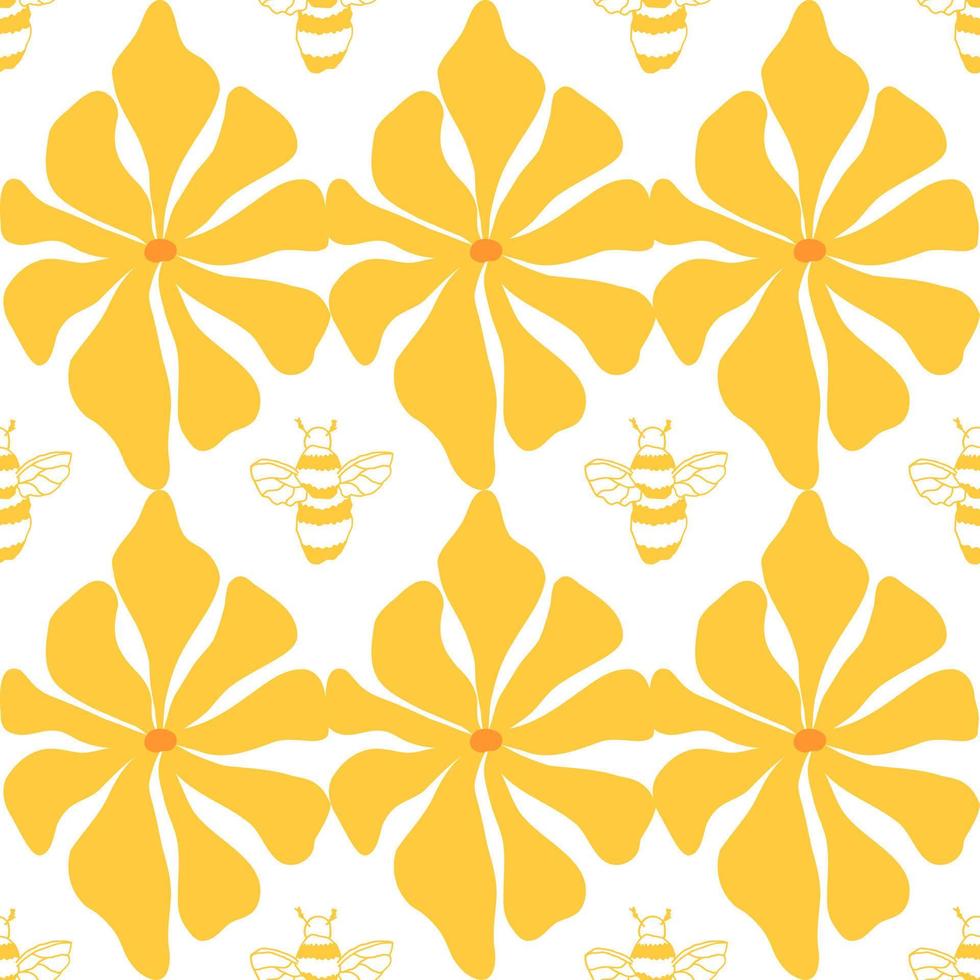 bonito doodle abelha sem costura padrão branco, flores amarelas retrô. têxtil de tecido de verão, têxtil de insetos, papel de parede. vetor