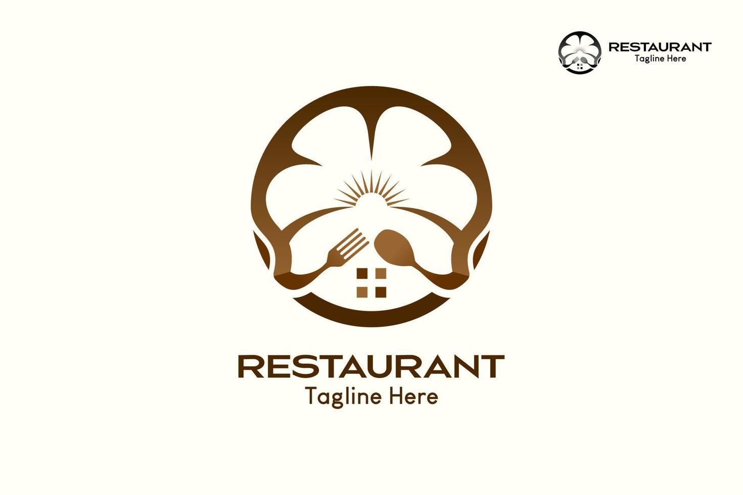 logotipo do restaurante com um conceito criativo, um ícone de chapéu de chef em forma de flor combinado com uma colher e um garfo em um círculo. prêmio de vetor