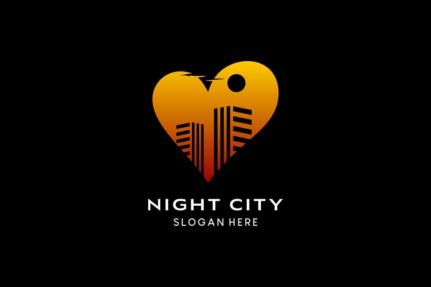 design de logotipo da cidade noturna com conceito criativo, elementos de construção e lua ou sol no coração. ilustração de logotipo de vetor premium