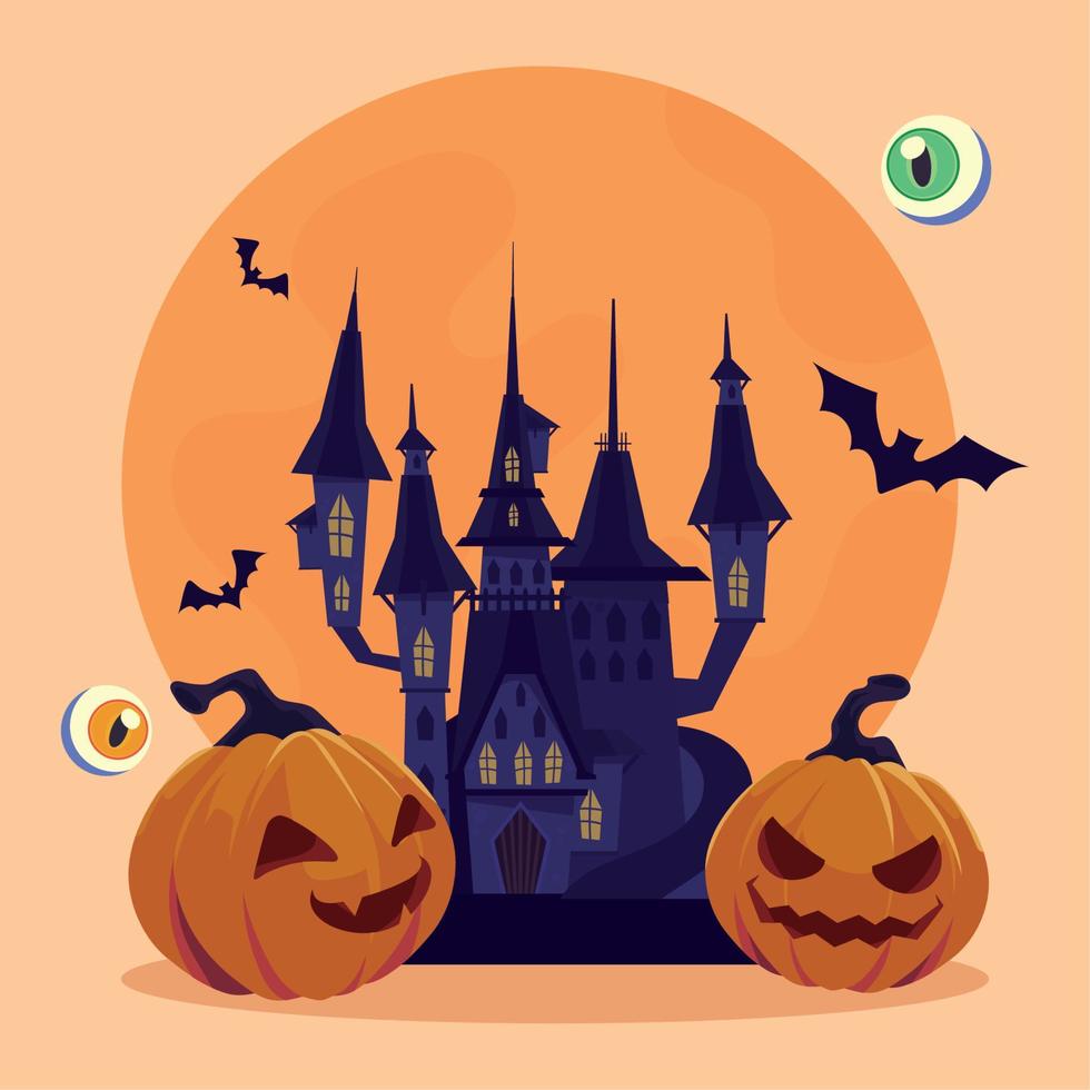 castelo de halloween e abóboras vetor