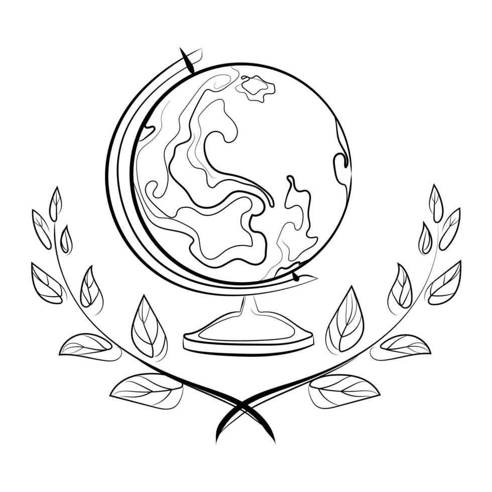 modelo de globo de terra com desenho de arte de linha de ramos de louro ícone de linha vetorial, logotipo, modelo de emblema isolado em branco desenho de arte de linha de arte de globo de terra de escola de geografia, malha preto e branco vetor