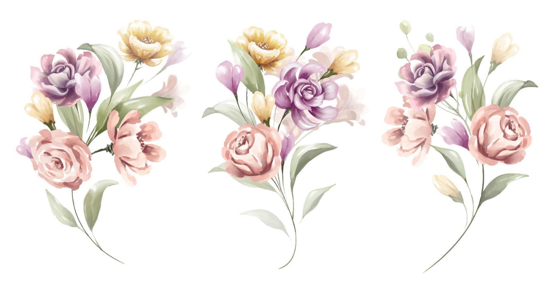 coleção de buquê floral aquarela colorida vetor