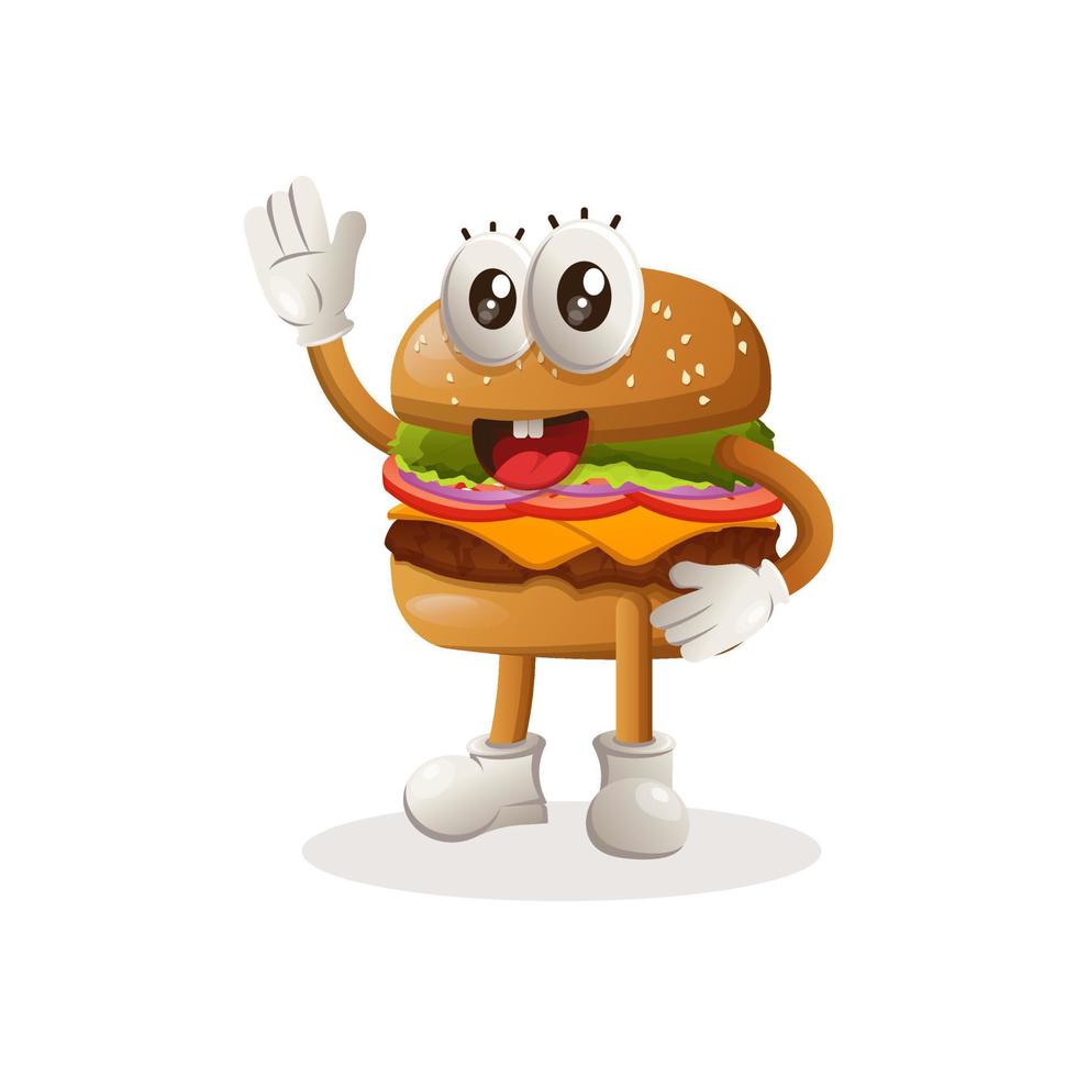 design de mascote de hambúrguer fofo acenando com a mão vetor