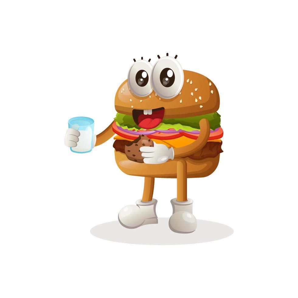 design de mascote de hambúrguer bonito beber leite e comer biscoito vetor