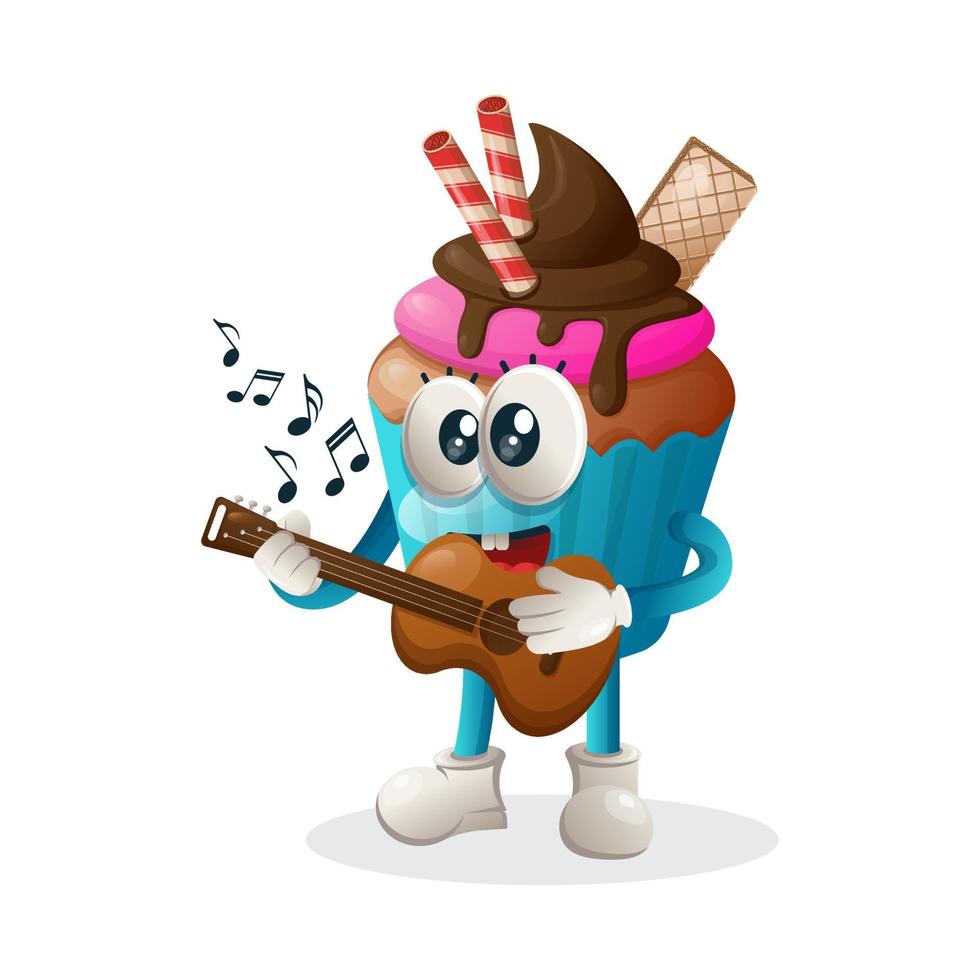 mascote de cupcake fofo tocando guitarra vetor