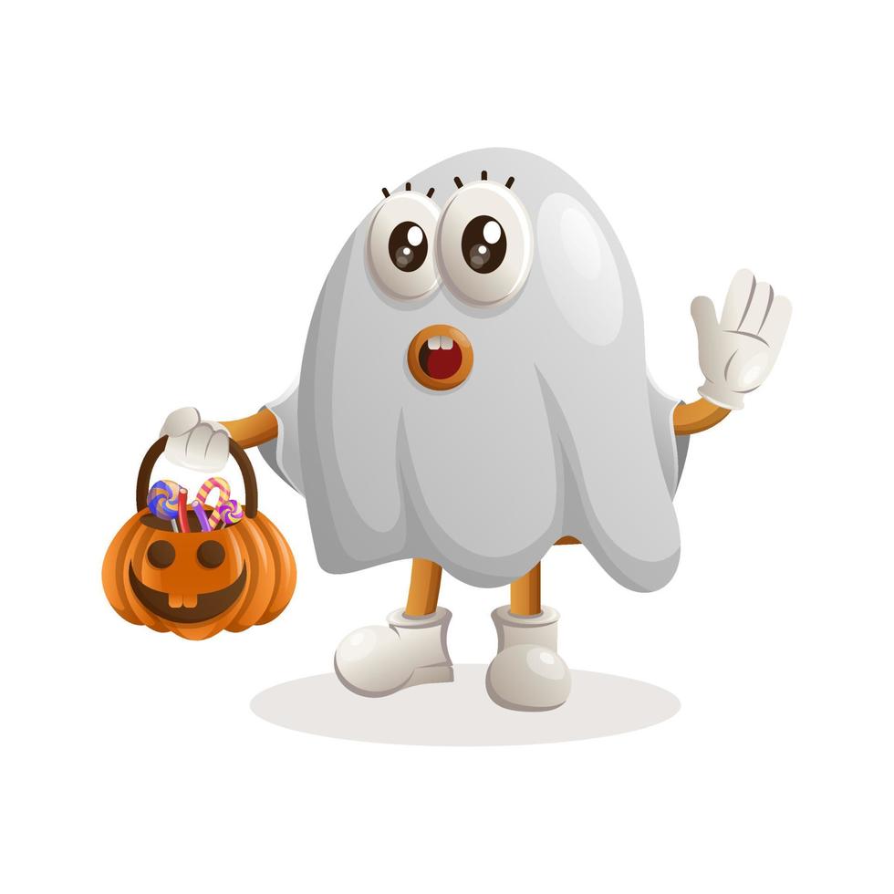 desenho de mascote de hambúrguer bonito fantasma halloween, segurando abóbora de halloween com doces nele vetor