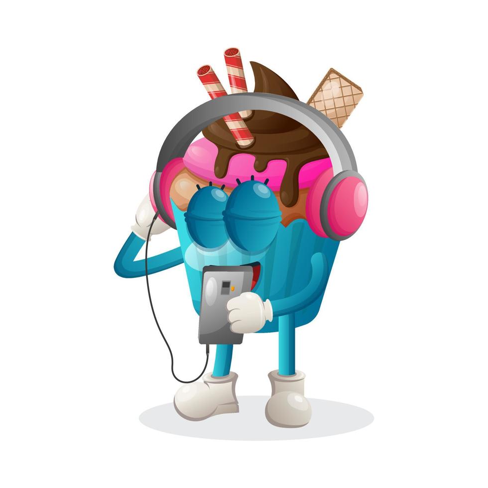 mascote de cupcake fofo ouvindo música em um smartphone usando um fone de ouvido vetor