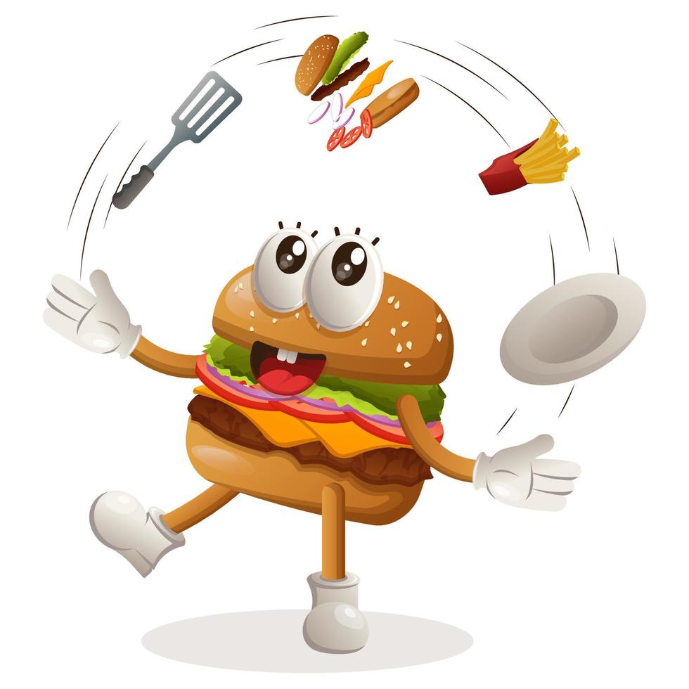 design de mascote de hambúrguer bonito cozinhar hambúrguer e batatas fritas, cozinhar chef vetor