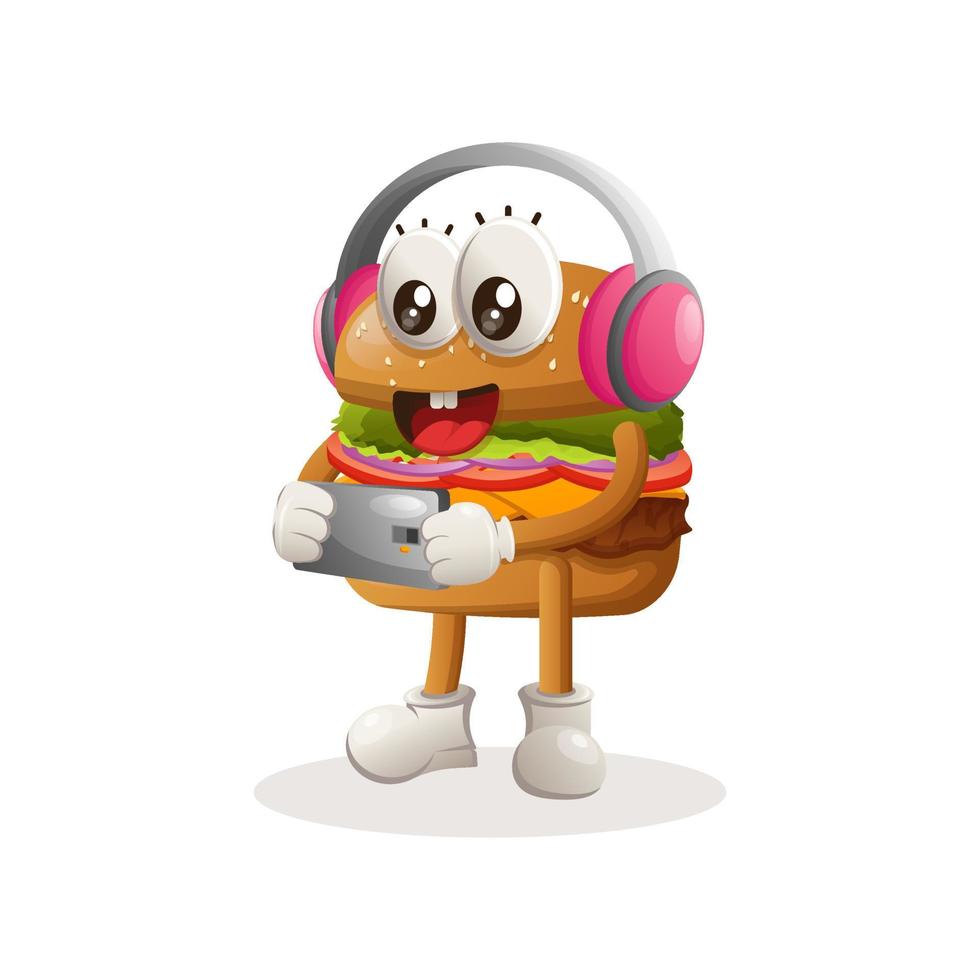 design de mascote de hambúrguer fofo jogando jogo para celular, usando fones de ouvido vetor