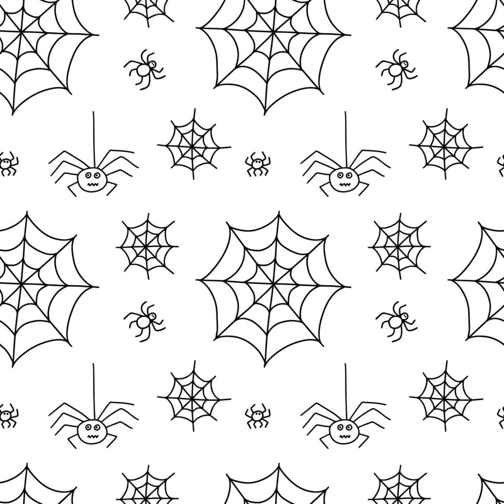 padrão sem emenda de teia de aranha de vetor. aranhas rabiscam padrão sem costura desenhado à mão em fundo branco vetor