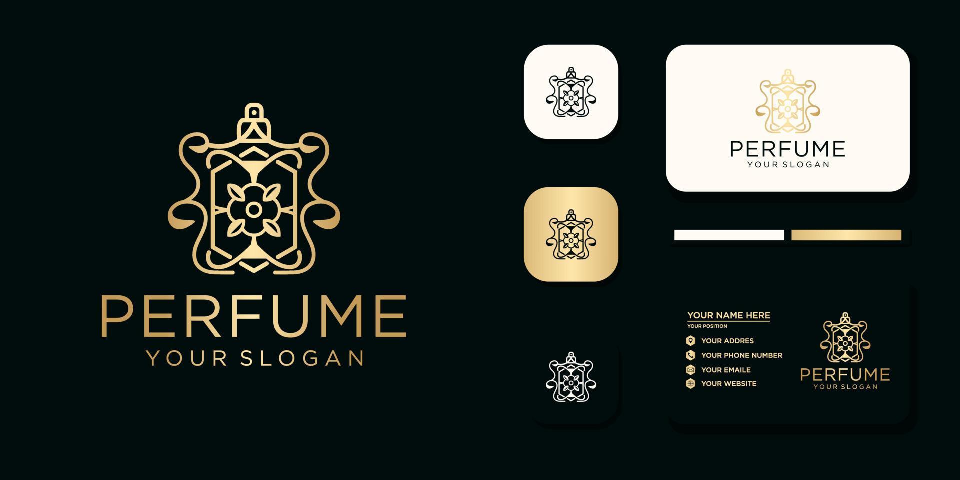 logotipo de perfume de luxo com design de garrafa e referência de modelo de cartão de visita vetor
