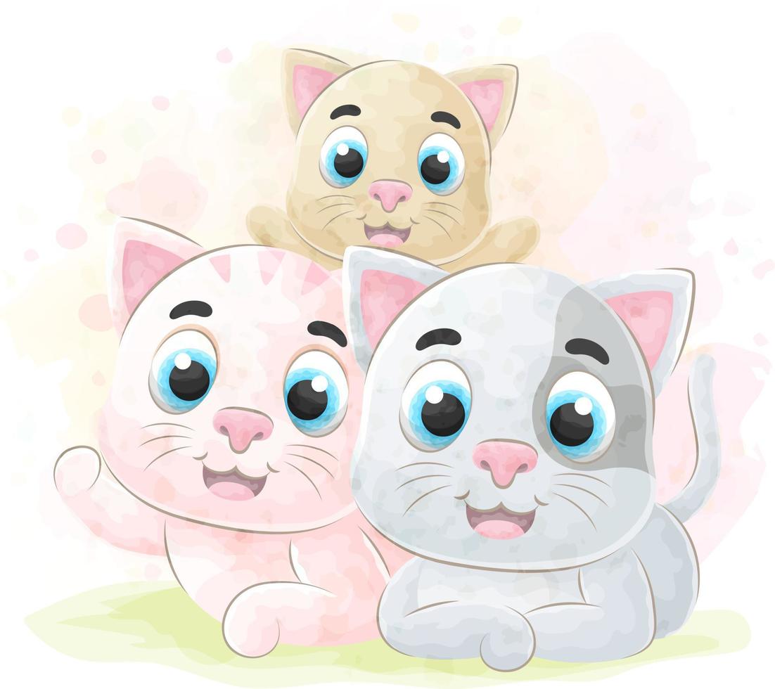 gatinhos fofos com ilustração em aquarela vetor