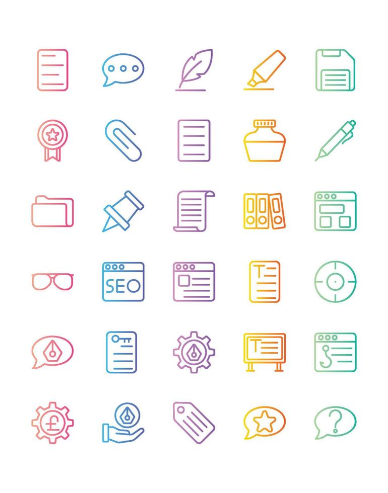 conjunto de ícones de redação 30 isolado no fundo branco vetor