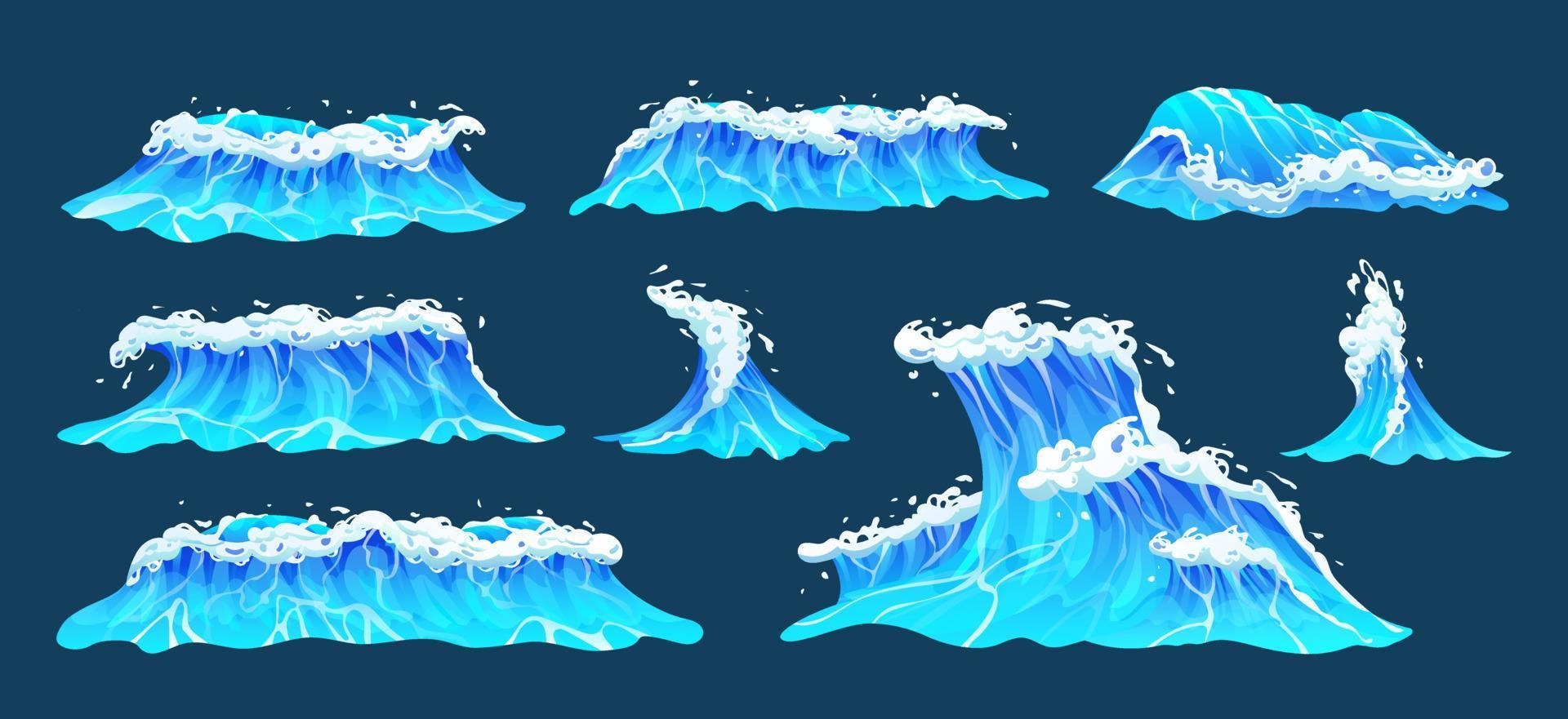 coleção de ondas do oceano dos desenhos animados. conjunto de ondas do mar azul com ilustração vetorial de espuma branca vetor