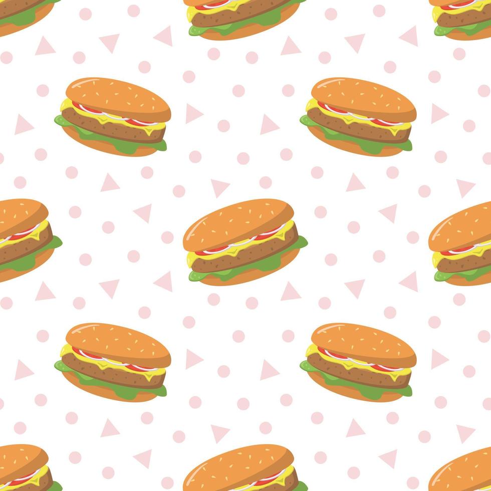 padrão sem emenda de vetor de hambúrgueres de fast-food saboroso dos desenhos animados. isolado no fundo branco. saborosos hambúrgueres suculentos com tomate, salada e queijo.