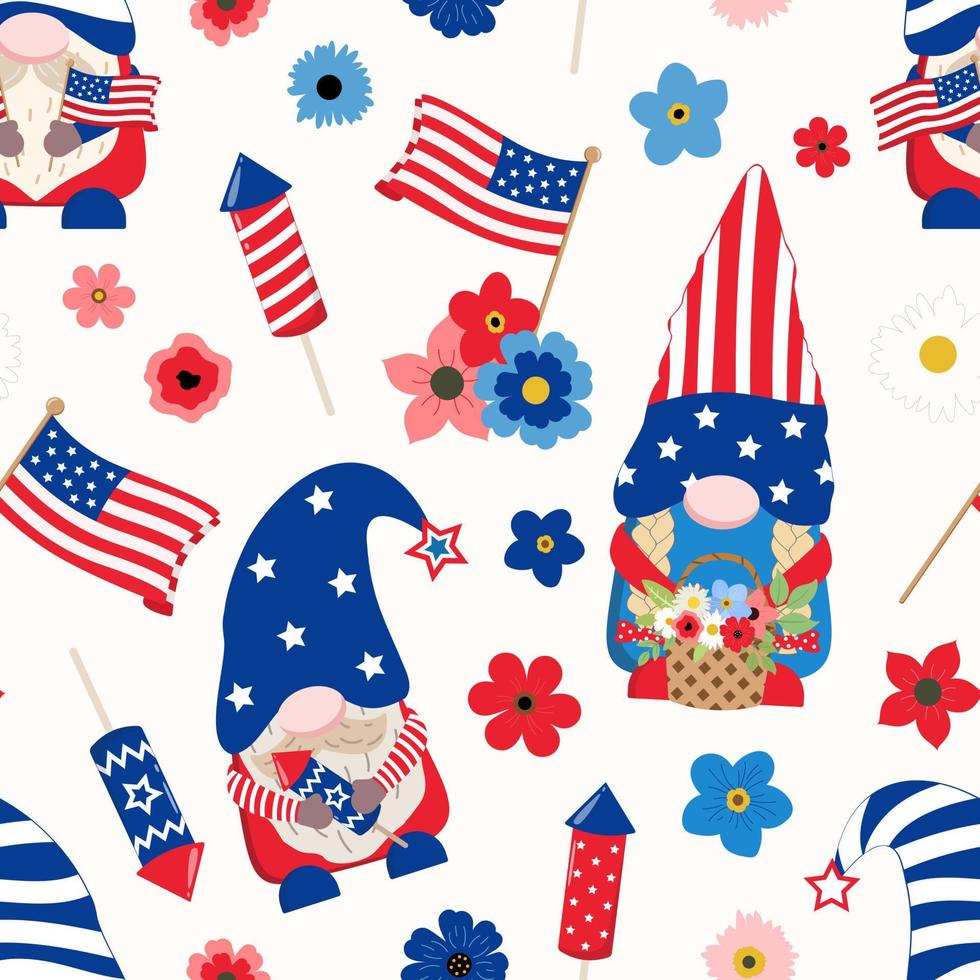 gnomos patrióticos americanos segurando arranjo de flores, biscoitos, bandeiras dos eua. padrão sem emenda de vetor. isolado no fundo branco. design de férias para papel digital, papéis de parede. vetor