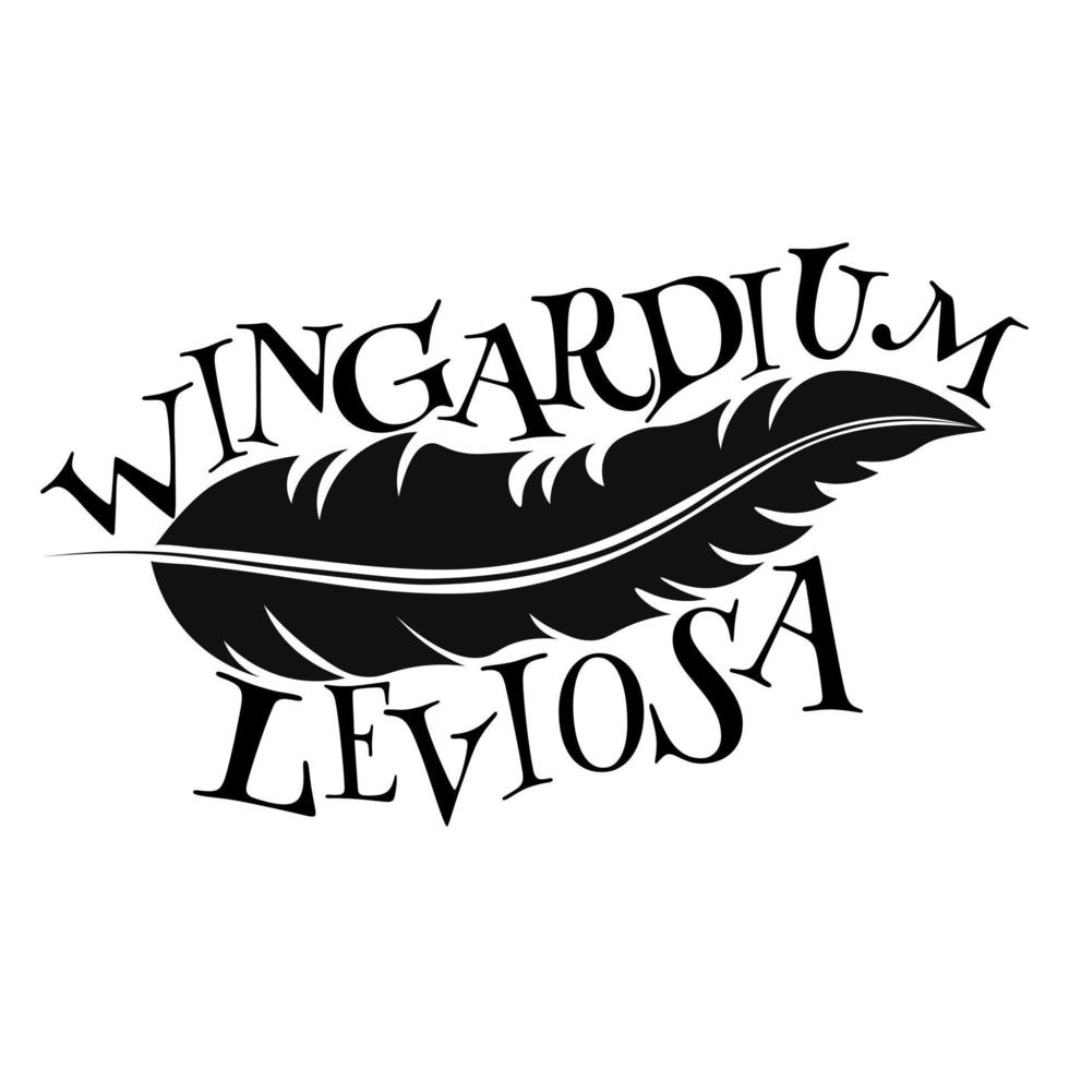 silhueta preta de penas com letras wingardium leviosa. ilustração vetorial vetor