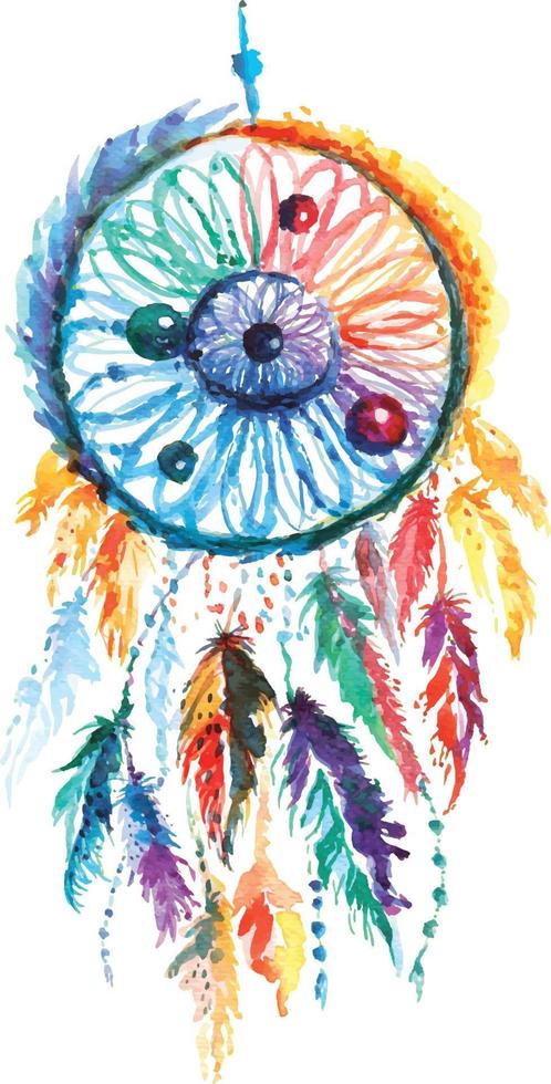 aquarela decoração boêmio apanhador de sonhos colorido. boho penas decoration.fetish mistério étnico tribal.american culture. vetor