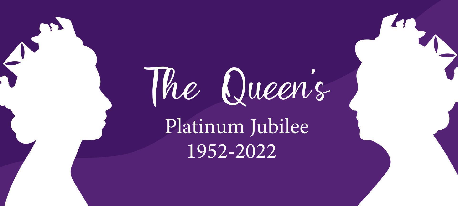banner jubileu de platina da rainha com perfil de dois lados da rainha elizabeth. coroa 1952-2022. para banner, base, mídia social, adesivo, cartão de felicitações. ilustração vetorial plana vetor