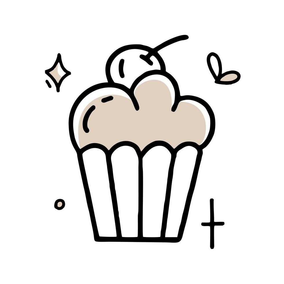 cupcake doodle clipart em ilustração vetorial preto e bege em estilo desenhado à mão vetor