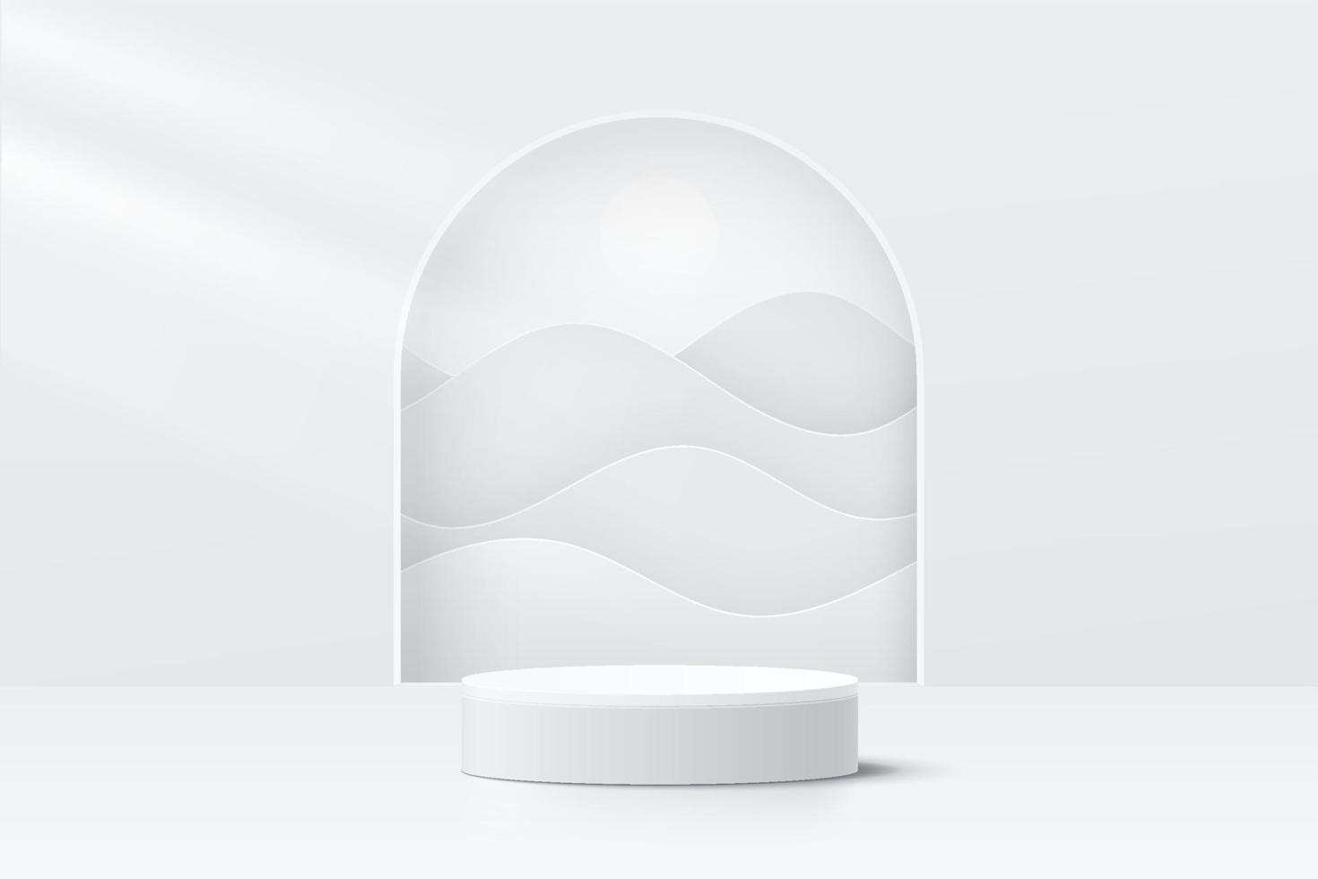 sala 3d abstrata com pódio de pedestal de cilindro branco realista e camadas onduladas na janela em forma de arco. cena mínima para apresentação de exibição do produto. projeto de plataforma geométrica vetorial. vitrine de palco. vetor