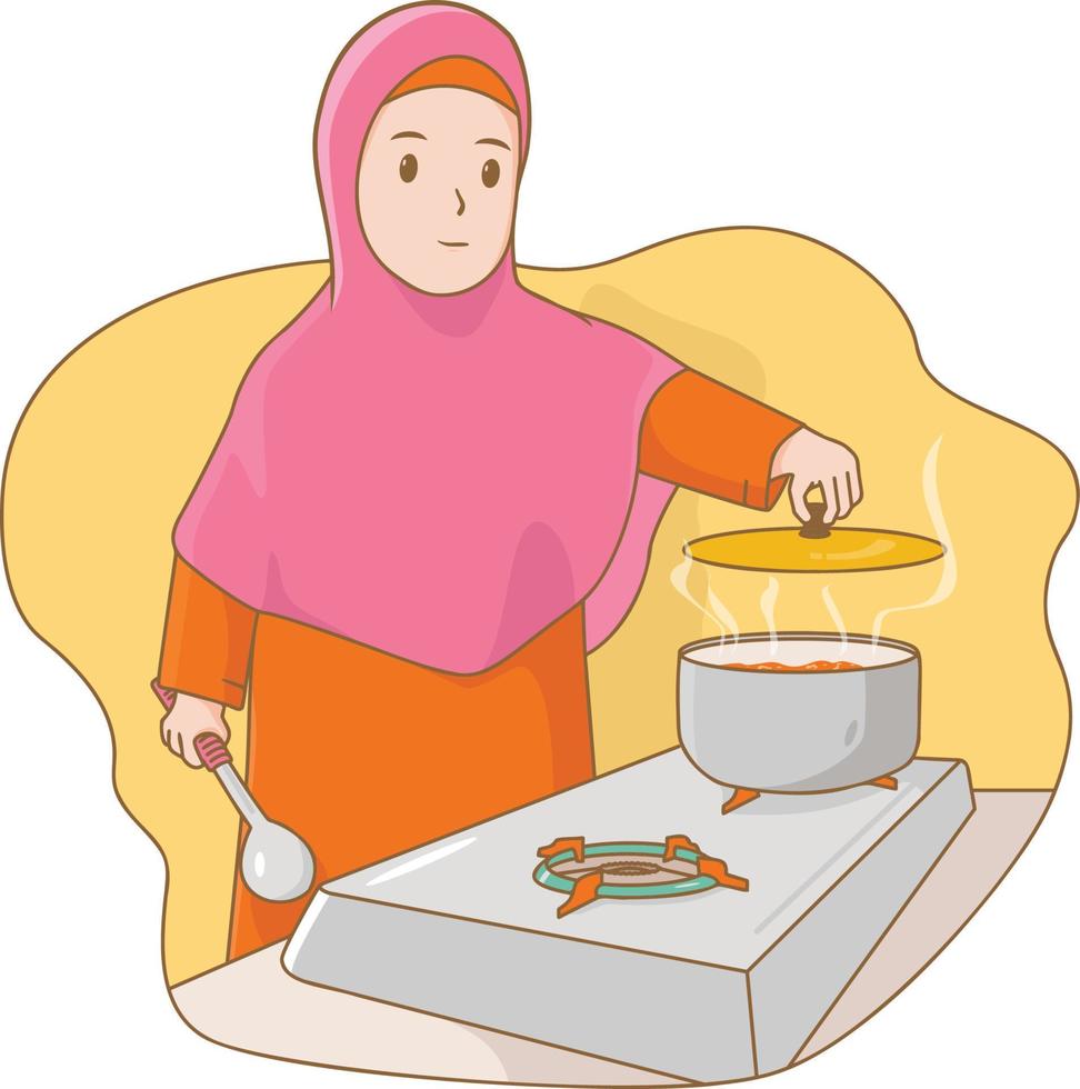 jovem muslimah cozinhando na cozinha vetor