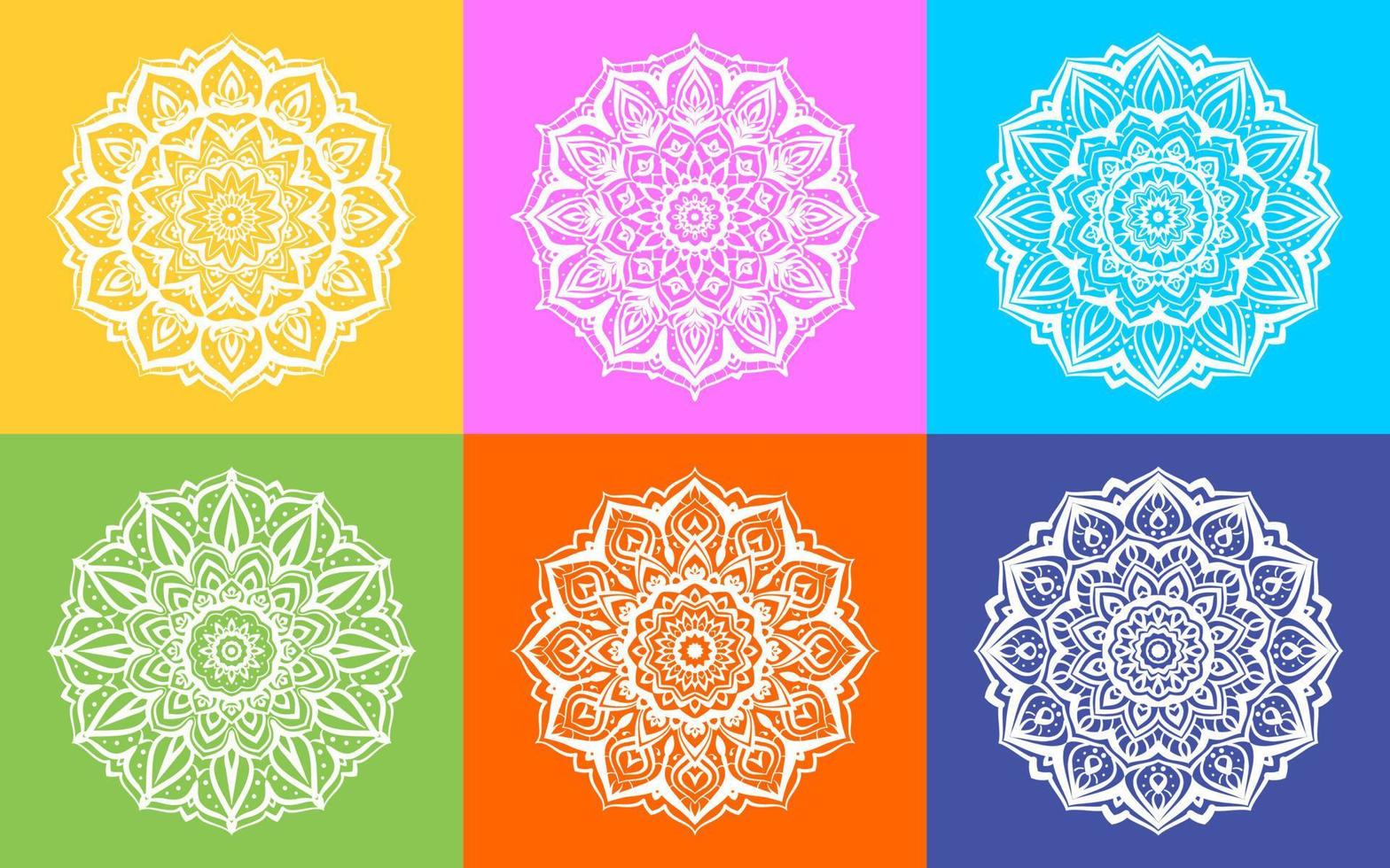 conjunto de design de textura decorativa redonda de arte de mandala branca com fundo multicolorido vetor