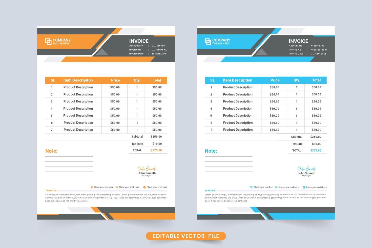 decoração de fatura criativa com formas mínimas. recibo de pagamento e design de modelo de fatura para negócios corporativos. imprimir vetor de papel de faturamento pronto com cores azuis e amarelas.