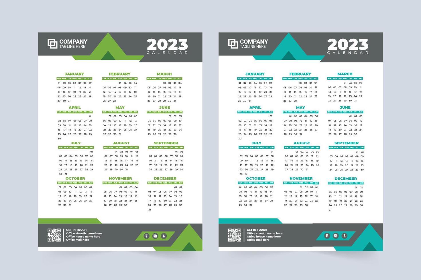 Design de calendário 2023 com sombra de cor verde e azul. calendário de parede anual de negócios e vetor de modelo de papelaria de escritório. a semana começa no domingo. vetor de calendário de ano novo com formas abstratas.