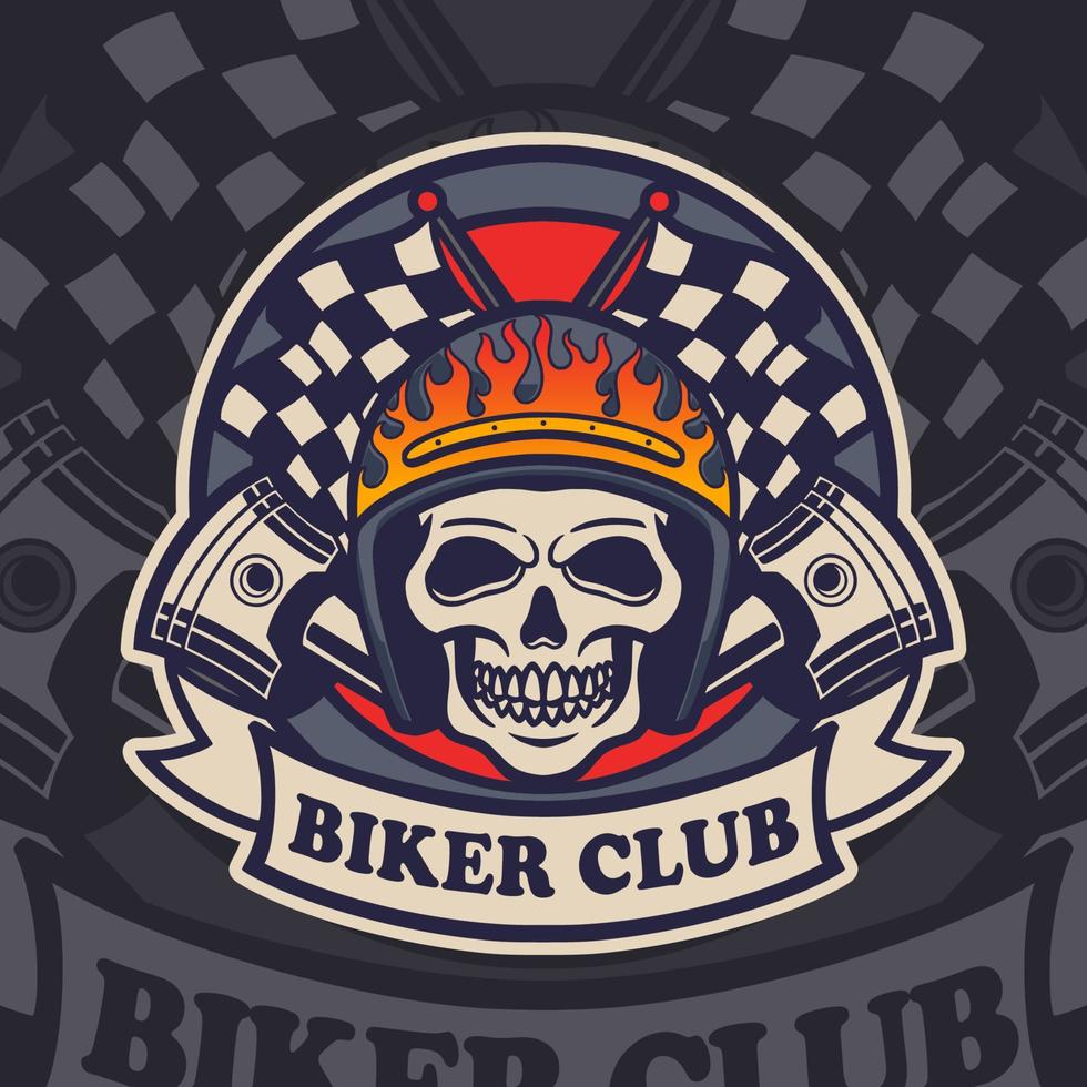 logotipo do distintivo vintage do crânio do clube de motocicleta. crânio com design de rótulo de capacete e pistão vetor