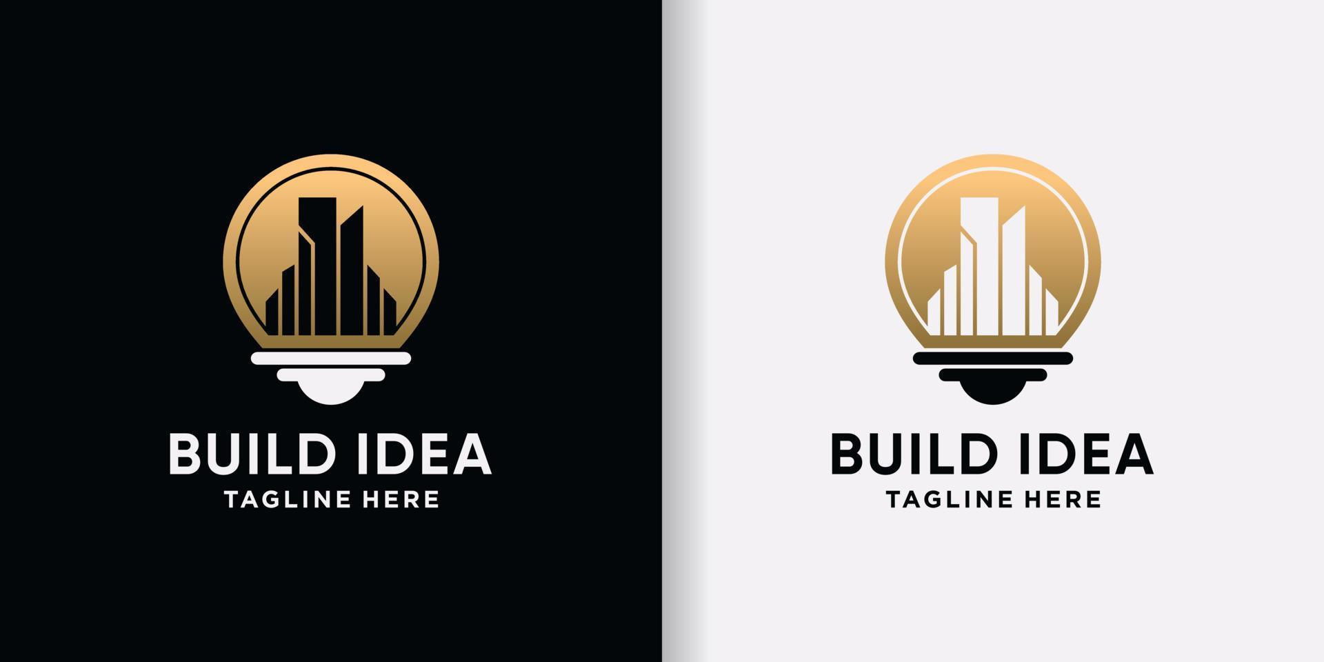 ilustração de design de logotipo de ideia de construção com estilo de lâmpada e vetor premium de conceito de espaço negativo