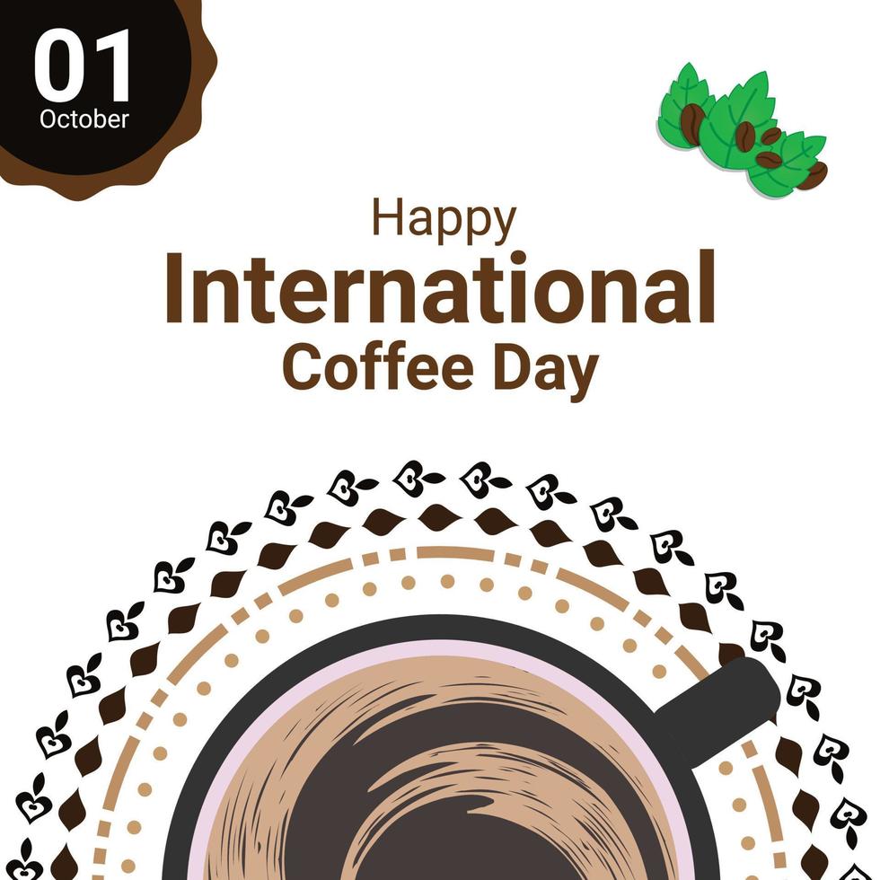 banner de xícara de café com decoração de café e folhas, para comemorar o dia internacional do café vetor