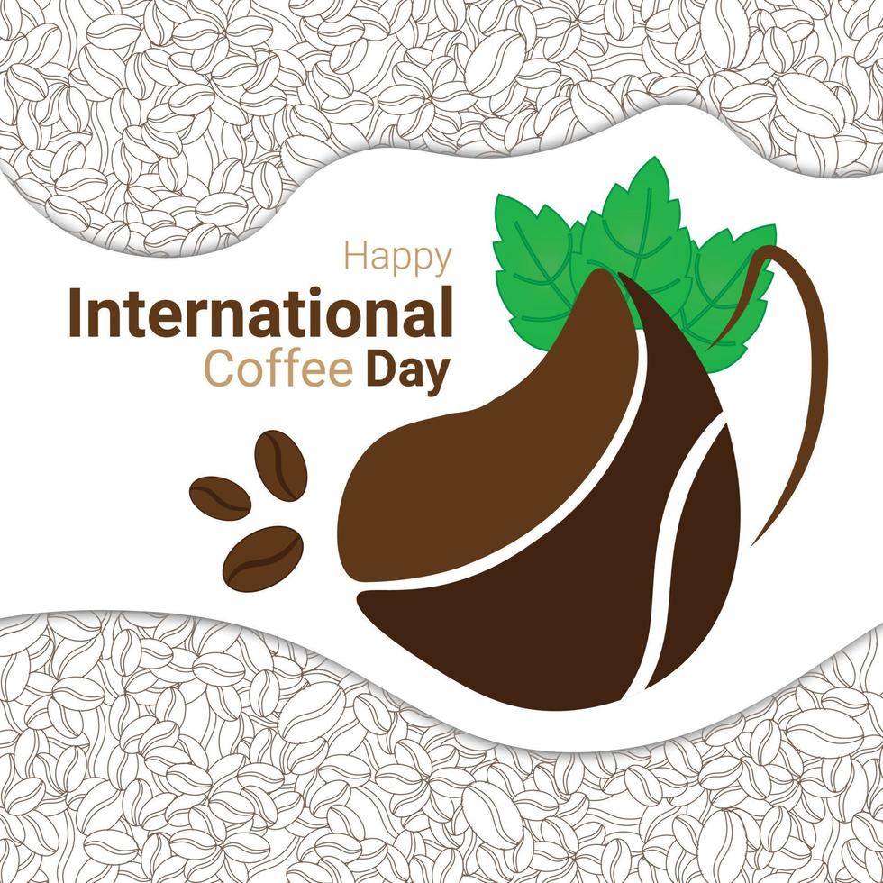 banner de xícara de café com decoração de café e folhas, para comemorar o dia internacional do café vetor