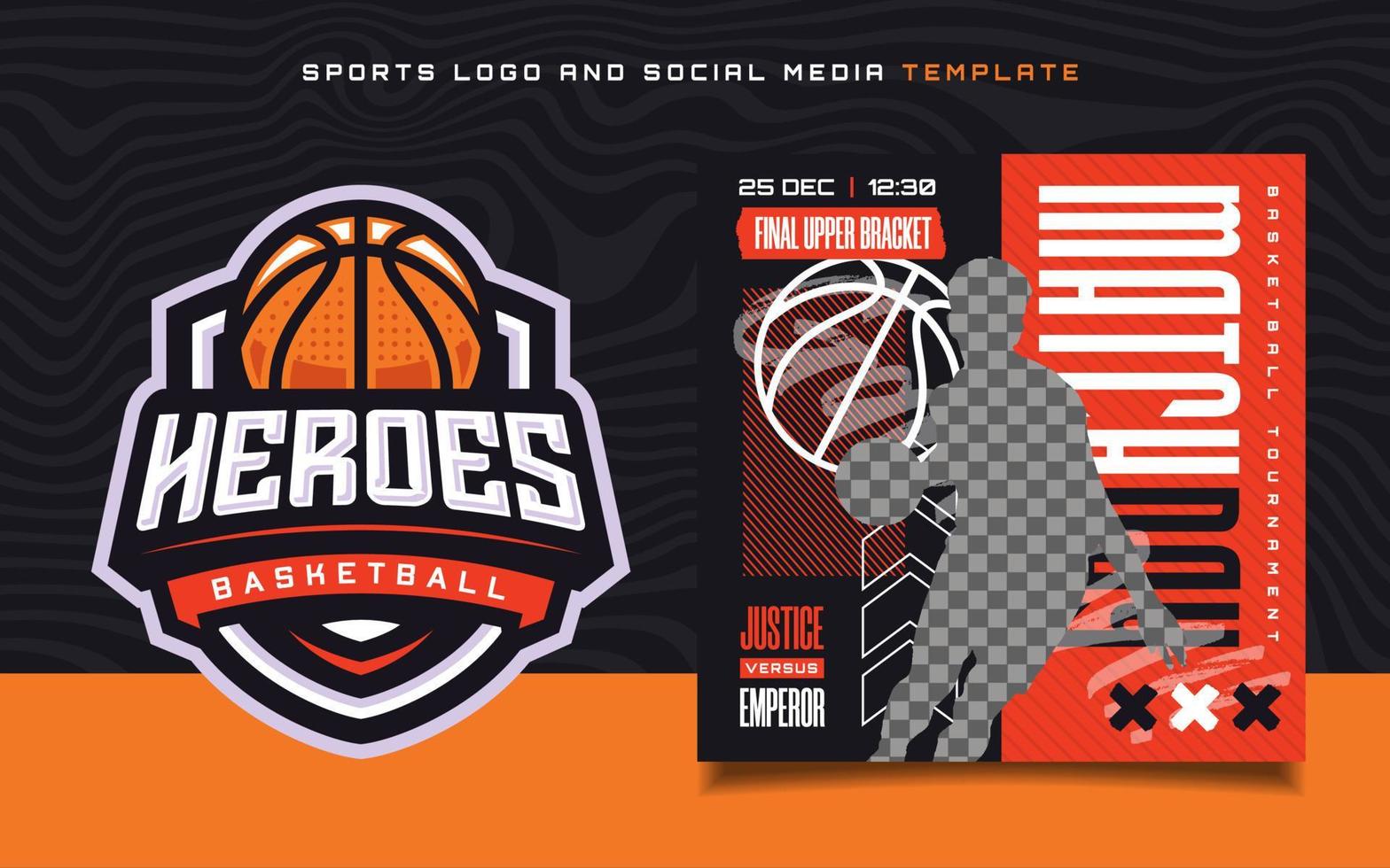 logotipo de esportes de basquete e panfleto de banner de dia de jogo para postagem de mídia social vetor