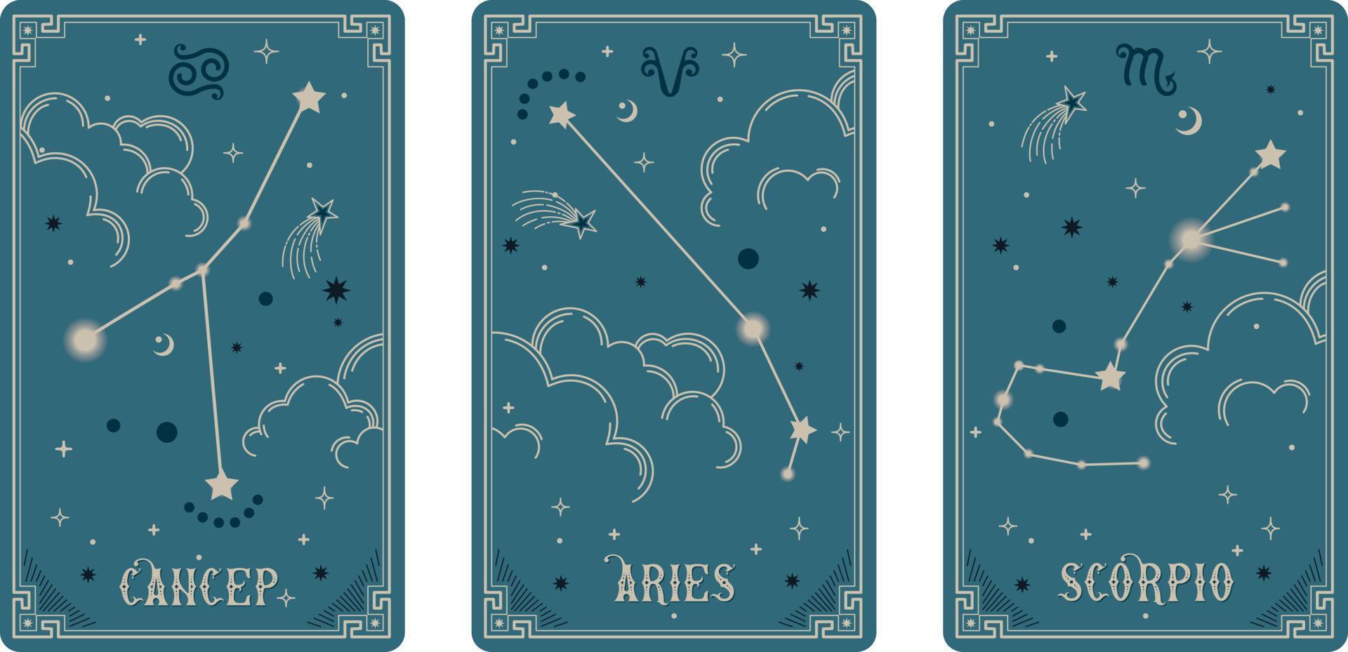 Câncer de Áries e símbolos do zodíaco de Escorpião cercam nuvens, estrelas, luxo, estilos esotéricos e boho. apto para paranormais, leitores de tarô e astrólogos vetor