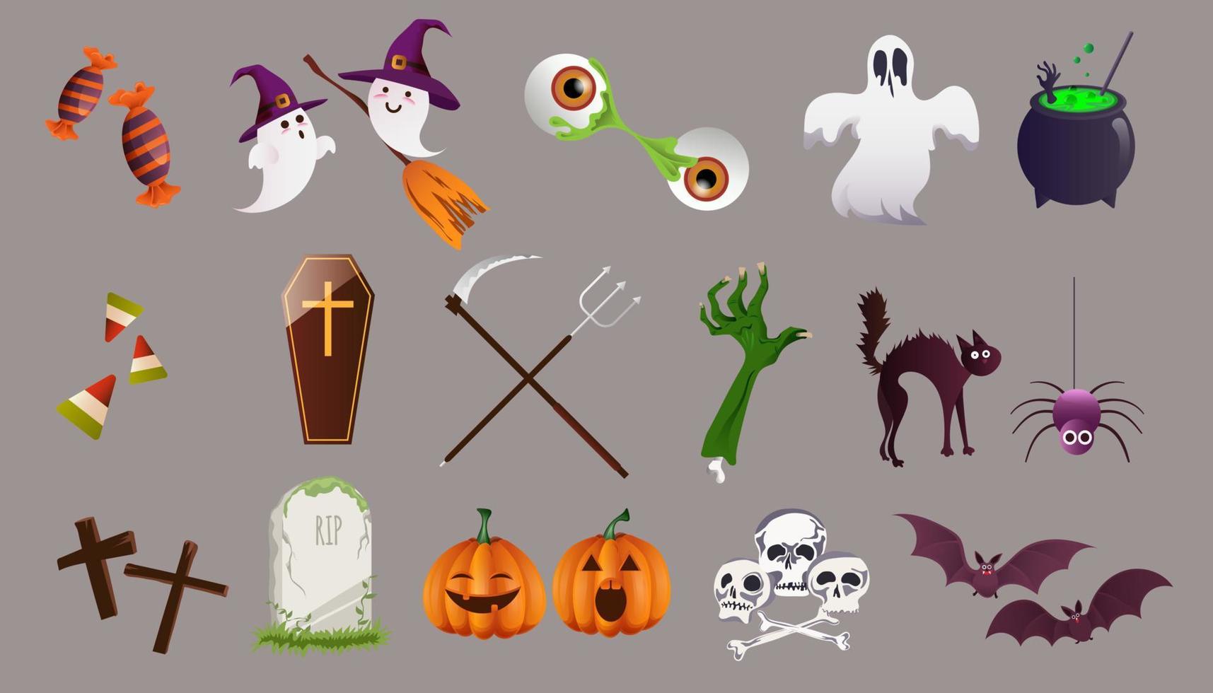um conjunto de personagens e elementos de halloween. feliz Dia das Bruxas vetor