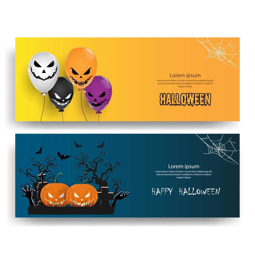 fundo de bandeira de halloween. promo de halloween com casa assustadora e abóboras. vetor