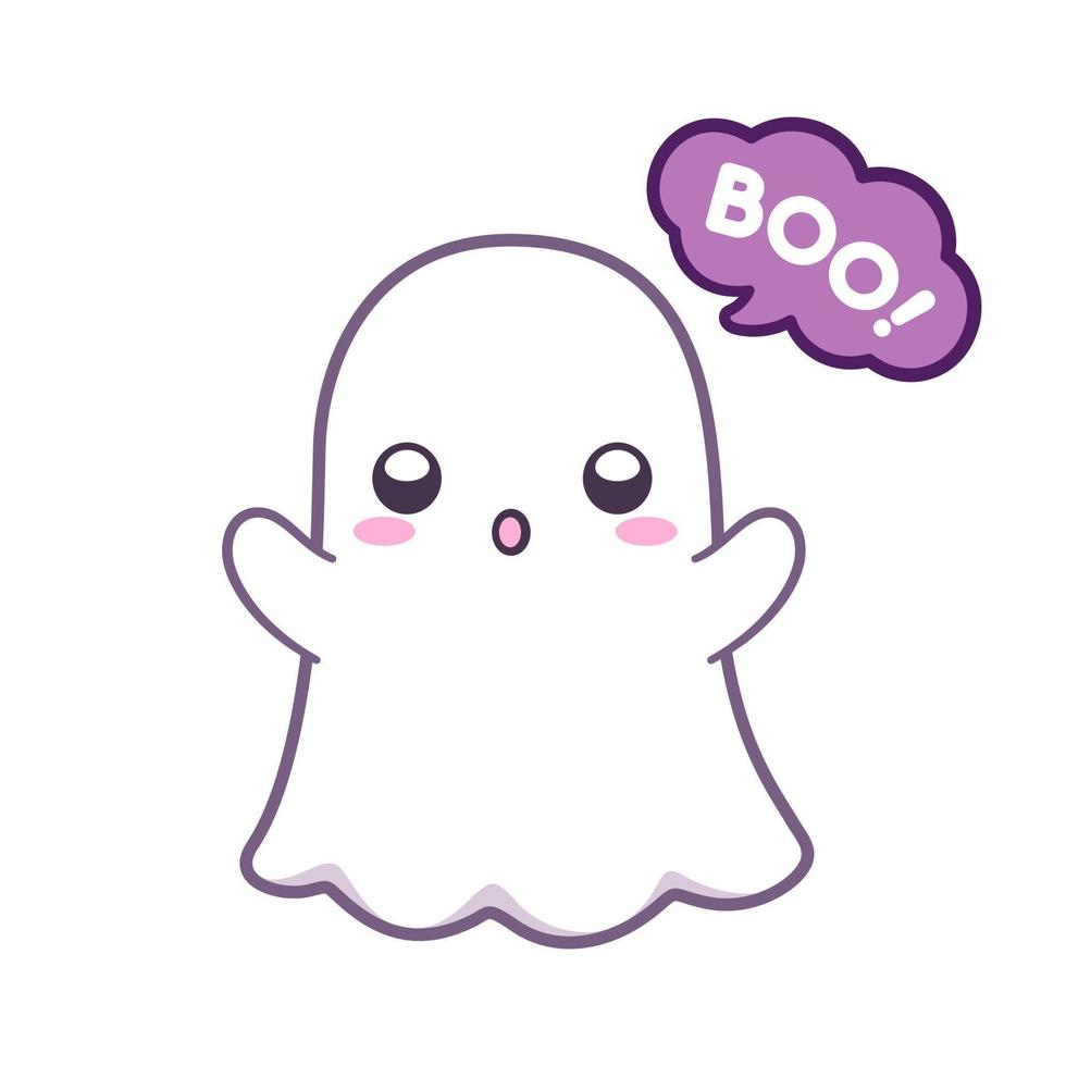 fantasma bonitinho dizendo boo halloween fantasma clipart ilustração em vetor elemento dos desenhos animados. impressão de convite de cartão de festa de halloween, impressão de camisa ou produto, design de adesivo