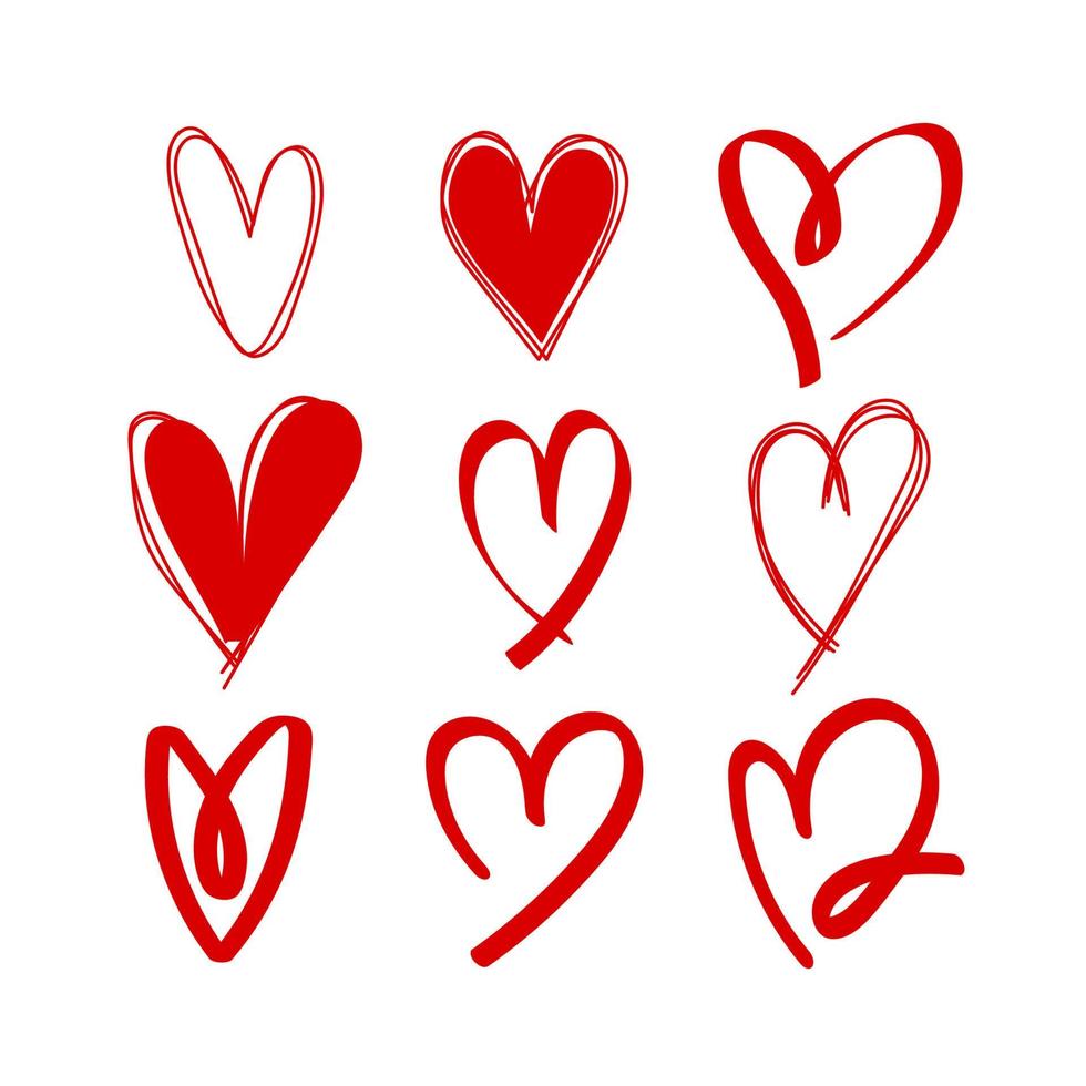 conjunto de ilustração de corações de estilo de desenho vermelho vetor