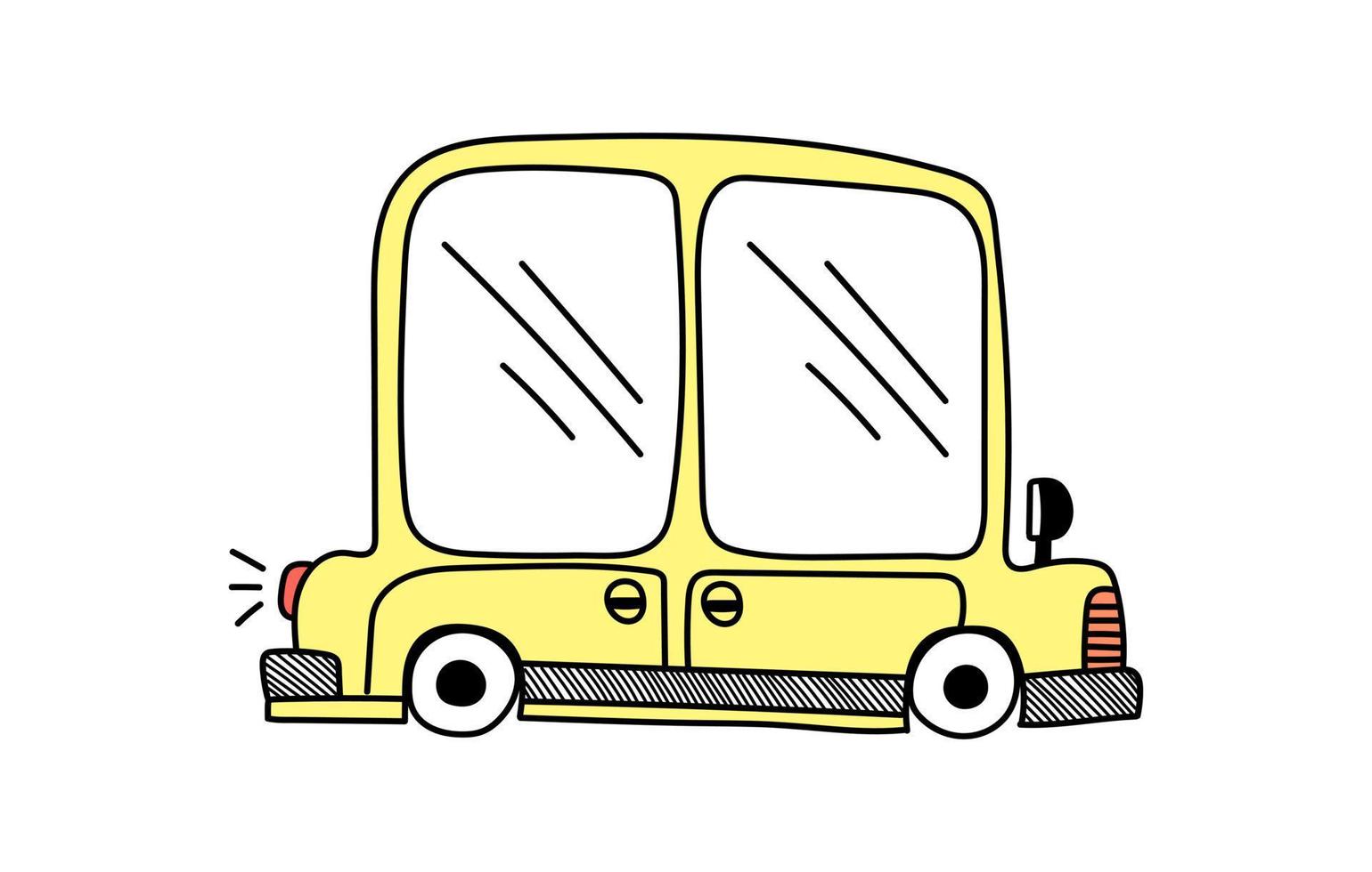 vector carro amarelo bonito no estilo doodle em um fundo branco, ilustração infantil para cartões postais, cartazes, brinquedos.